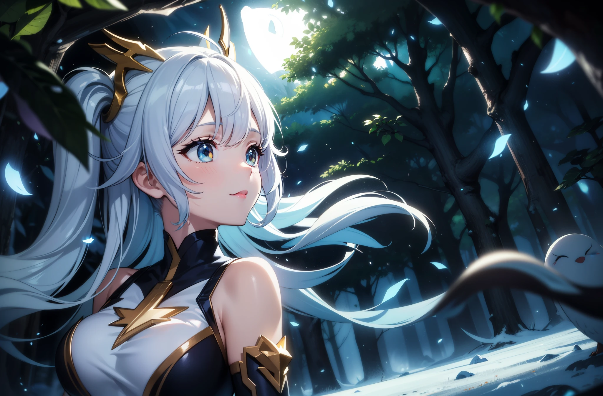 ((ultra-detailliert)), ((Best Illustration)), ((Movie Lighting)), Dynamic Angle, floating, Fine, (The Flash: 1.2), (shine: 1.2), (shine: 1.2), "(Best Quality), Super detailed depiction of a beautiful girl, Light blue long hair、Twin-tailed、 In the colorful forest、Surrounded by snow-white owls and vivid vegetation.", Cinematic, Refreshing, essence, Rim Lights, Scattering