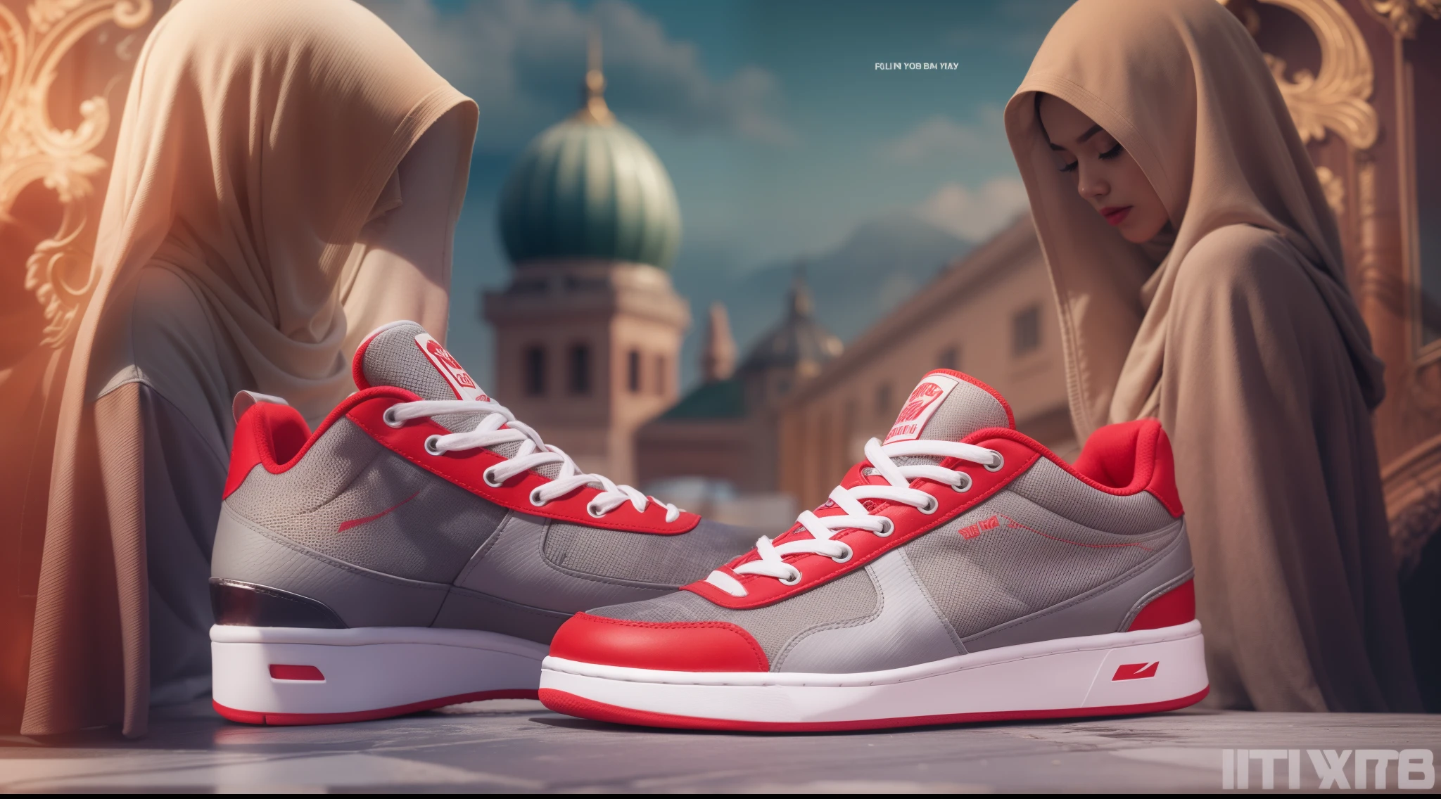 Design an advertising poster for sneakers with a fantasy twist. Feature a Malay girl in hijab wearing these sneakers in a magical, dreamlike setting. Emphasize comfort and style with a touch of enchantment,  Hijab, slender, red lips, flirting with the camera, Panavision DXL2, 28mm lense, Establishing shot, muted color grading, cinemascope, thriller, high quality, ultra detailed, 8k resolution,