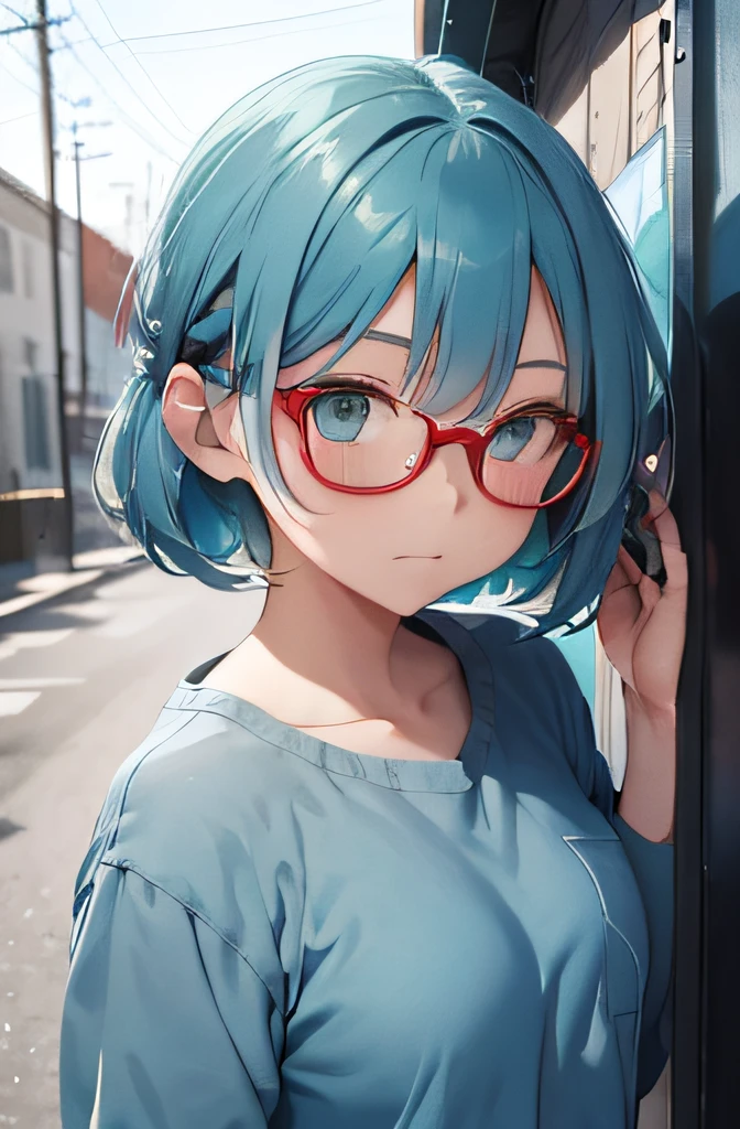 fully body photo,teens girl( only),Light blue hair,bobhair,Green eyes,Red-rimmed glasses,a juigh school student