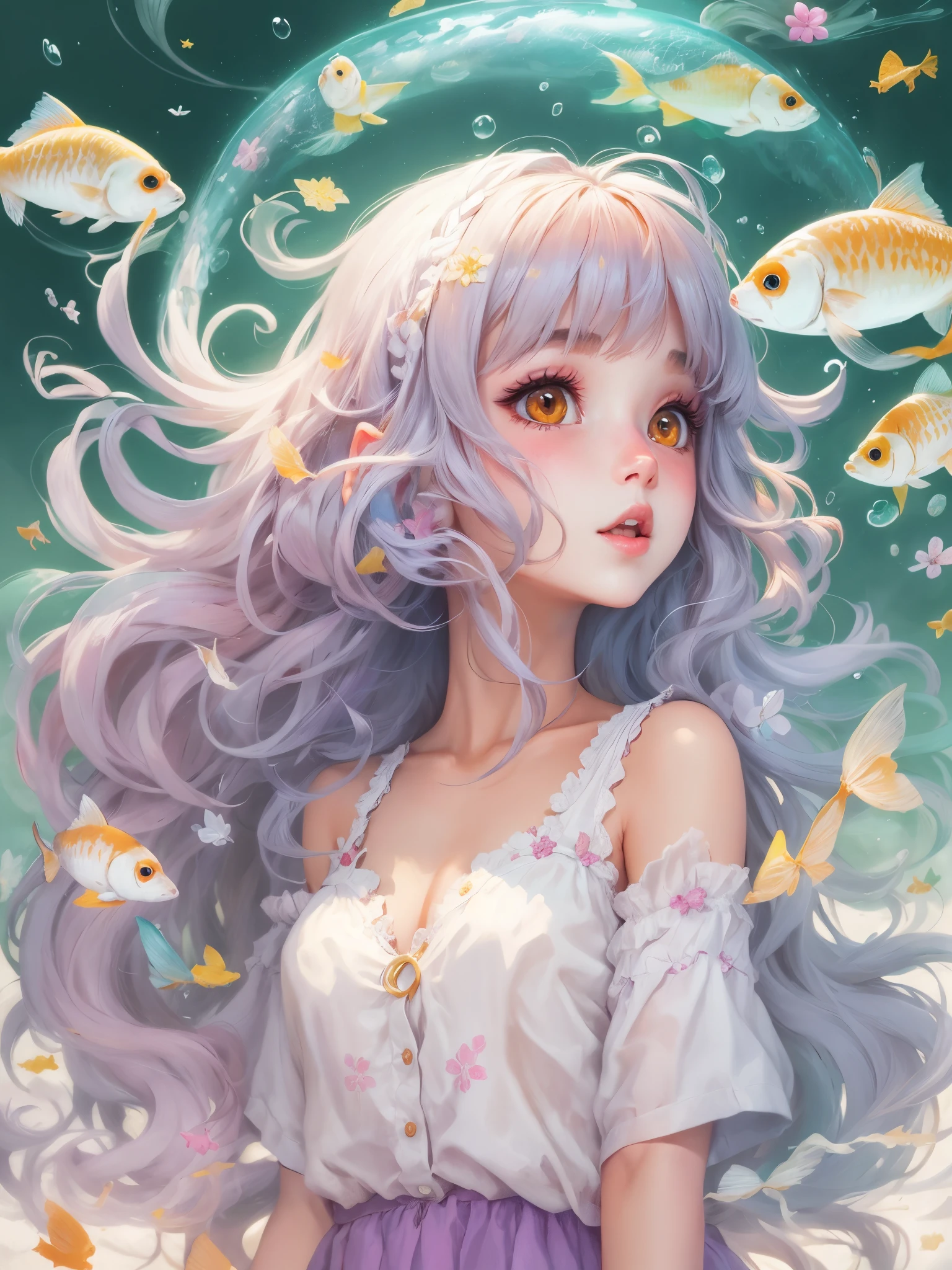 beuaty girl,voluminous hair。Girl in the Cloud。Lots of fish。detailed digital anime art, Cute and detailed digital art, Guviz-style artwork, beautiful portraits, A beautiful artistic illustration