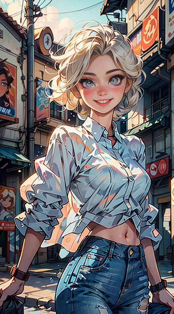 20 years old girl, blond short hair, 1990's Clothes, Cabelos brancos da Elsa, melting, 1girl, jeans, Beautiful, (master part:1.2), (melhor qualidade:1.2), ((Happy and smiling)), cinemactic, olhos perfeitos, pele perfeita, perfect lighting, sorrir, luz, cor, pele texturizada, detalhe, Beleza, maravilha, ultra-detalhado, rosto perfeito