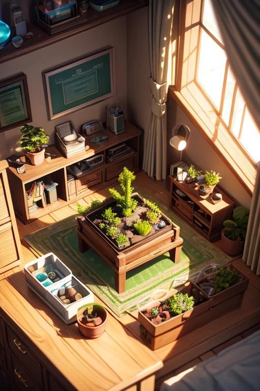 3D , Succulents, , Tom Whalen style, distillation of form, tiny core, rich background, light brown and dark beige, scientific illustration, Toy core, gentlesoftlighting, dreamlike landscapes, 4KUHD, isometry, Tilt-shift 3D modeling room top view 3D modeling bedroom room cute