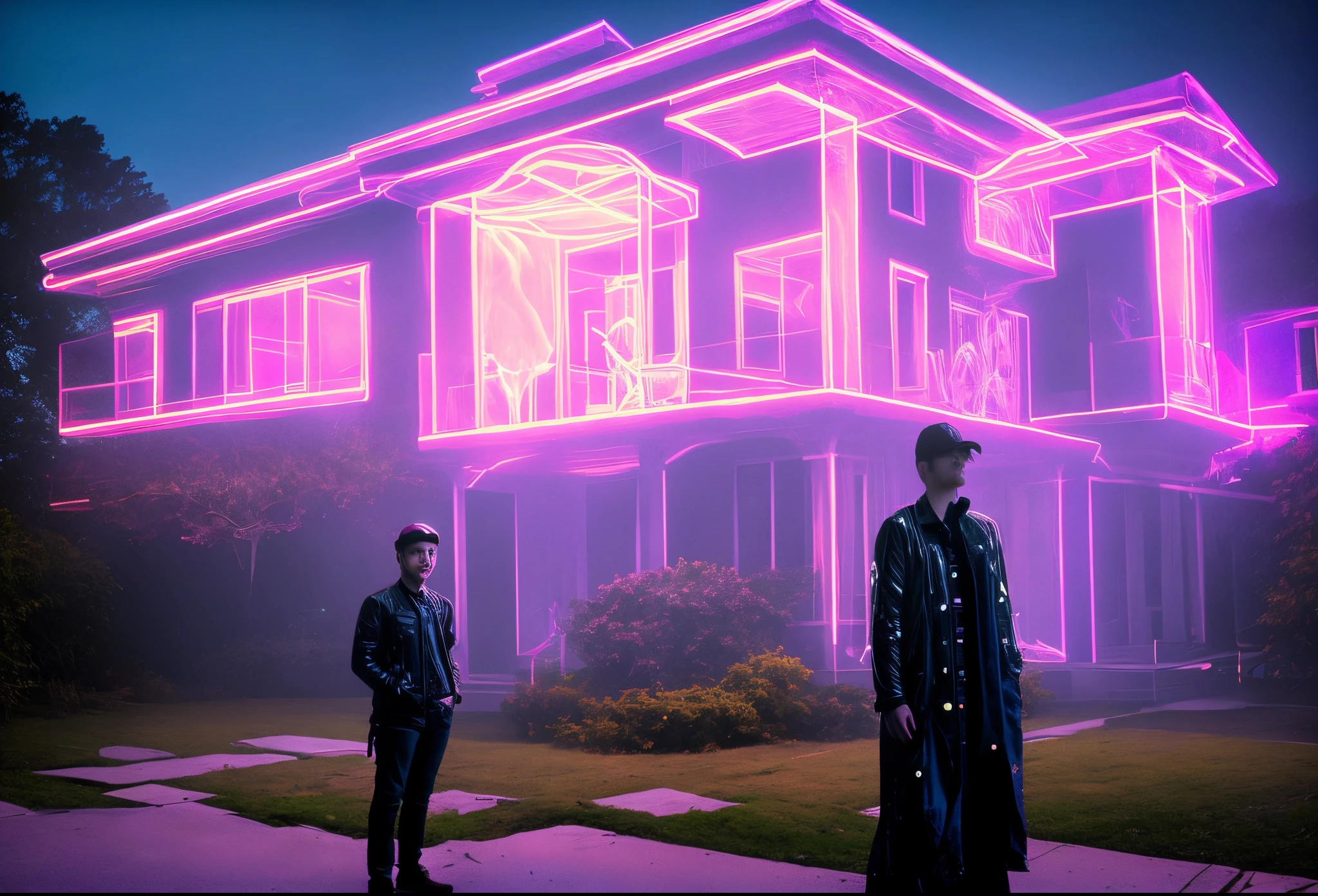 araffe standing in front of a house with a pink light, a hologram by Josh Bayer, pexels, conceptual art, irridescent ghostly, huge holograms, giant ethereal creature, ghostly form, ghost neon, holographic creatures, glowing fog intricate, surreal hybrid animals, beeple. hyperrealism, large translucent art statues