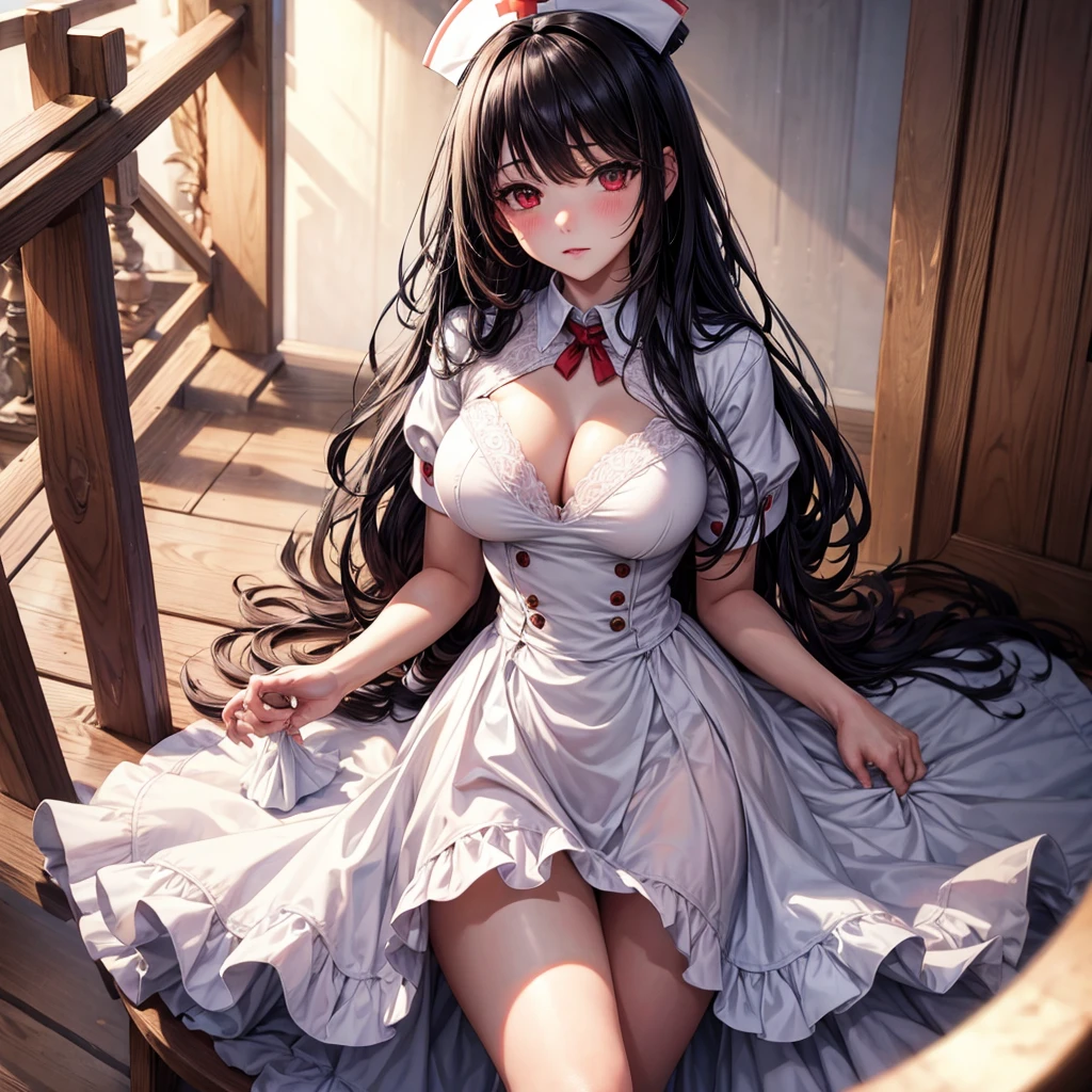 masterpiece, best quality,Extreme Detail, Super detailed,
beautiful eyes, beautiful hair, Beautiful side, beautiful skin,dutch angle, black hair, red eyes, Long Hair, Big Breasts,nurse, Nurse's hat, breast implants, dresses with collars, short skirt, short sleeves, thigh, white dress, white hat,Viewer-oriented, Riding on the viewer, , lie, pov bed, blush, gentle,