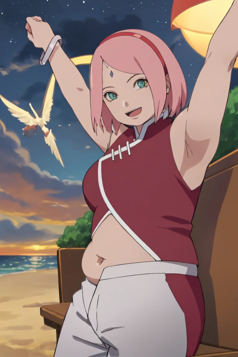 fat sakura haruna, masterpiece, 4k, portrait, cowboy shot, (night), professional artwork, intricate details, colorful, digital blending, (ultra detailed body, ultra detail hair, ultra detail face), trending on pixiv, obse body, big cheeks, kind smile, best quality, anime style: 1.9, 1girl, hires, haruno sakura, (forehead mark, milf, red hairband, pale skin, (small breasts), short hair,  extra fat butt, thick thighs, fat arms, fat belly, ((red sleeveless dress,), white pants), ((navel, belly button), slender body, slender belly, bracelet, pink hair, open mouth, big eyes), smile, beach, wind, floating hair, detailed arms, off-shoulders, broad shoulders, ((both armpits , (both) hands spreading to both sides, (symmetrical arms))), fancy couch, relaxing, laying, talking, looking at the viewer, obese body, ((showing both armpits, hairy armpits)))