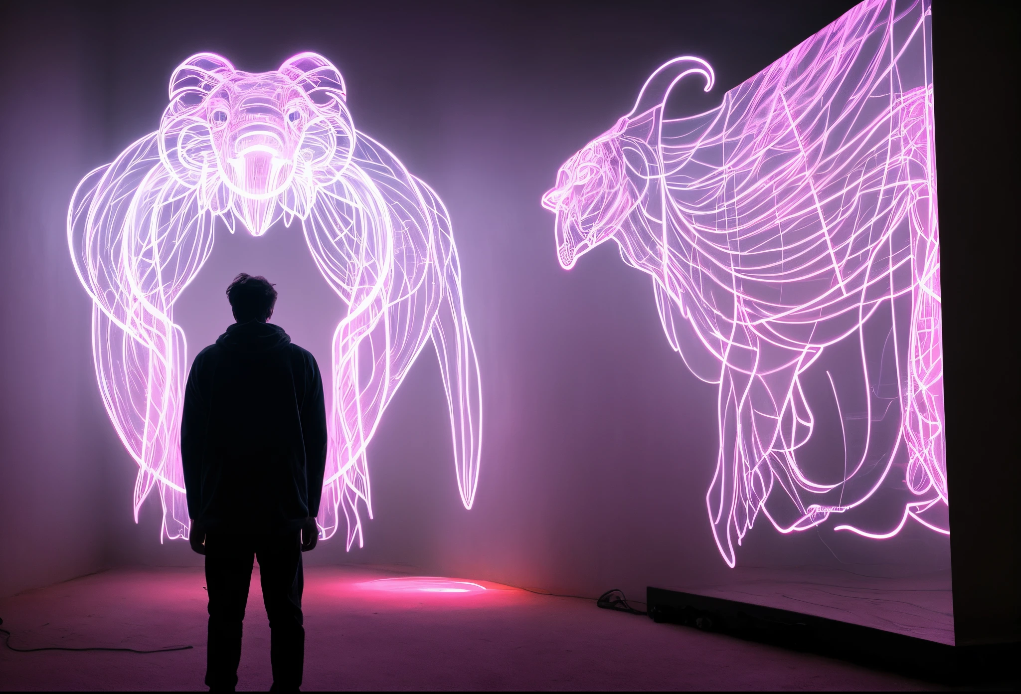 araffe standing in front of a house with a pink light, a hologram by Josh Bayer, pexels, conceptual art, irridescent ghostly, huge holograms, giant ethereal creature, ghostly form, ghost neon, holographic creatures, glowing fog intricate, surreal hybrid animals, beeple. hyperrealism, large translucent art statues