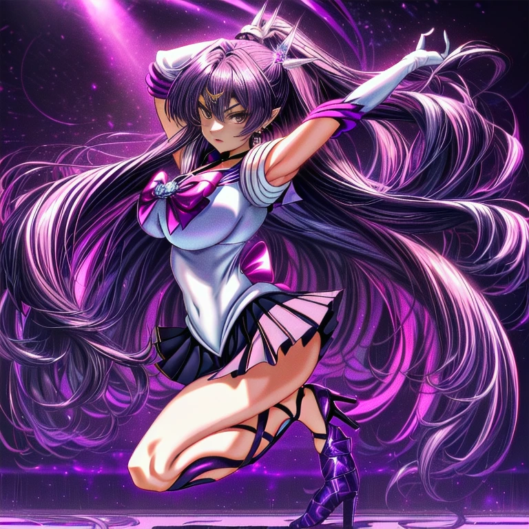 (8K, Best Quality, tmasterpiece:1.2),\(eye detailed\),\(Facial features\),(\(Detailed details of clothes\)\),(Colossal tits),full body Esbian, Sailor Moon costumes,(Facial Focus) ,Very detailed CG Unity 8K wallpaper,hugefilesize,ultra - detailed,hight resolution,absurderes,beautidful eyes,Ray traching,Dramatic shadows,Up to detail,Dramatic angles,Hyper-detailing,(Solo),anime styled、(Very long straight hair:1.4)、Purple hair、Purple Absolute Short Mini Skirt、purple sailor collar、elbowgloves、(Crystal on background:1.2)、1girl in、独奏、high-heels
