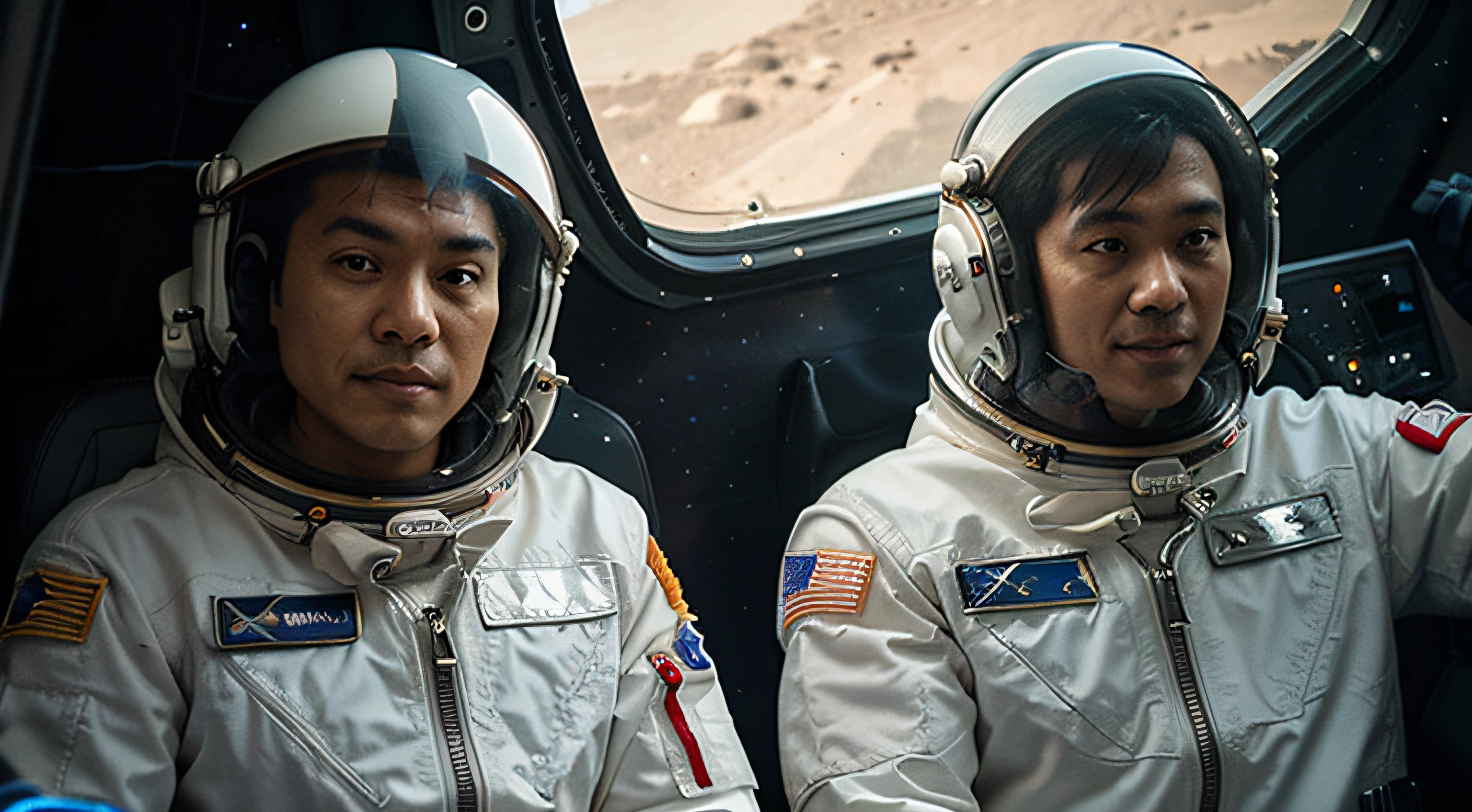 Next to the Mars aircraft, several future Asian middle-aged male astronauts on Mars, without logos on their clothes, wearing the same style of space suits and space helmets with transparent glass covers, close-up of their whole bodies
