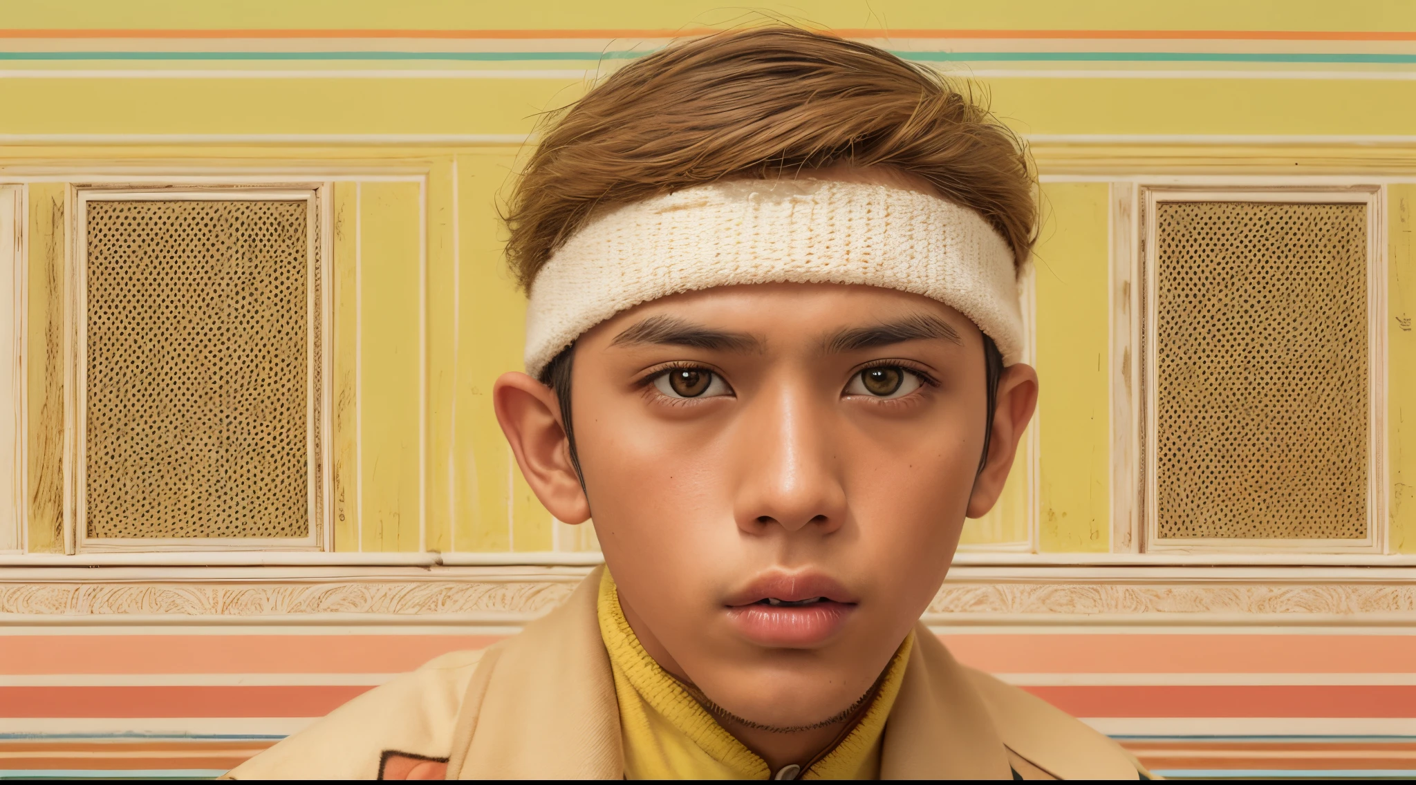 Vogue style photo shoot of malay teenage boy as character RAMBO from the movie The Royal Tenenbaums pastel colored background in Wes Anderson style, hyper - realistic photography, Wes Anderson style, full body, 8k, close - up shot, close - up photo
