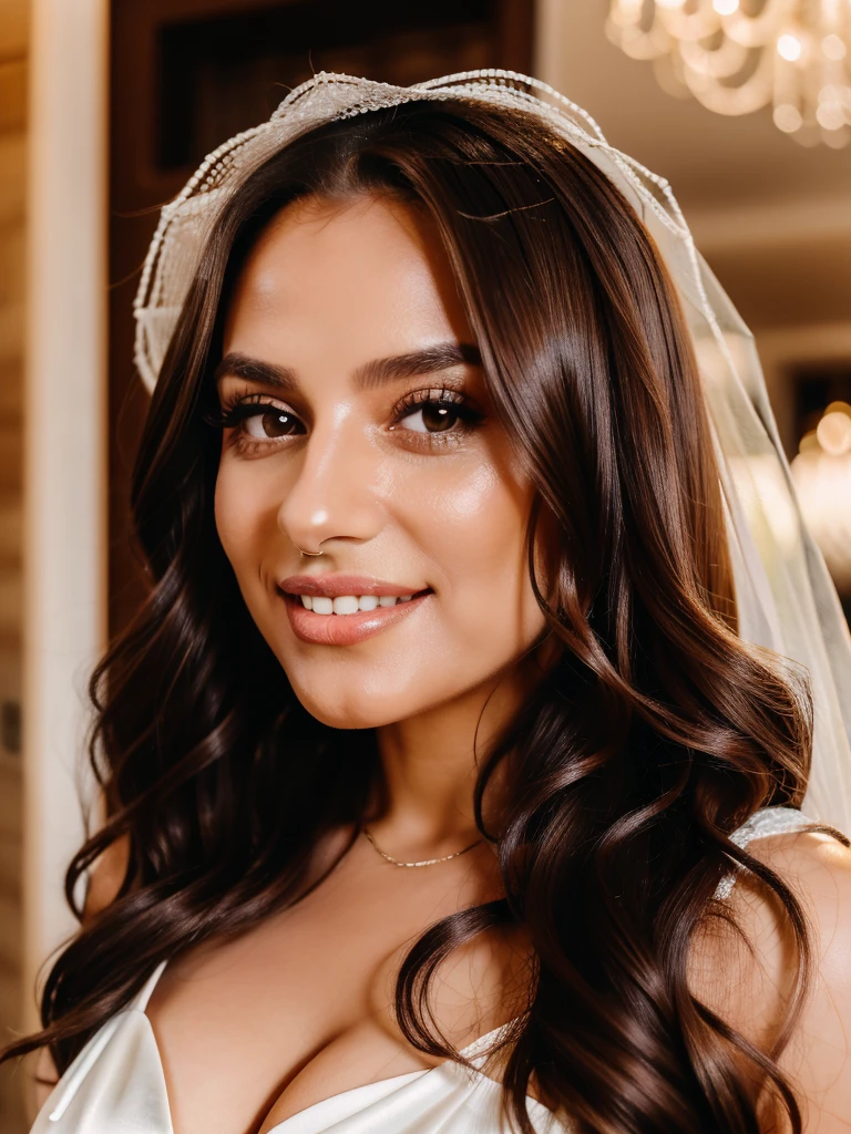 Sexy woman, Albanian, 30 years, cute, neat face, detailed, small neat nose, neat plump lips, big eyes, brown eyes, Alice Milano, long hair, curly hair, natural shine, chocolate hair, smiled, full body portrait, look back, without makeup, gorgeous, a woman in a white wedding dress,woman in dessert, western hot city girl with charm face, (masterpiece), best quality, high resolution, extremely detailed, depth of field