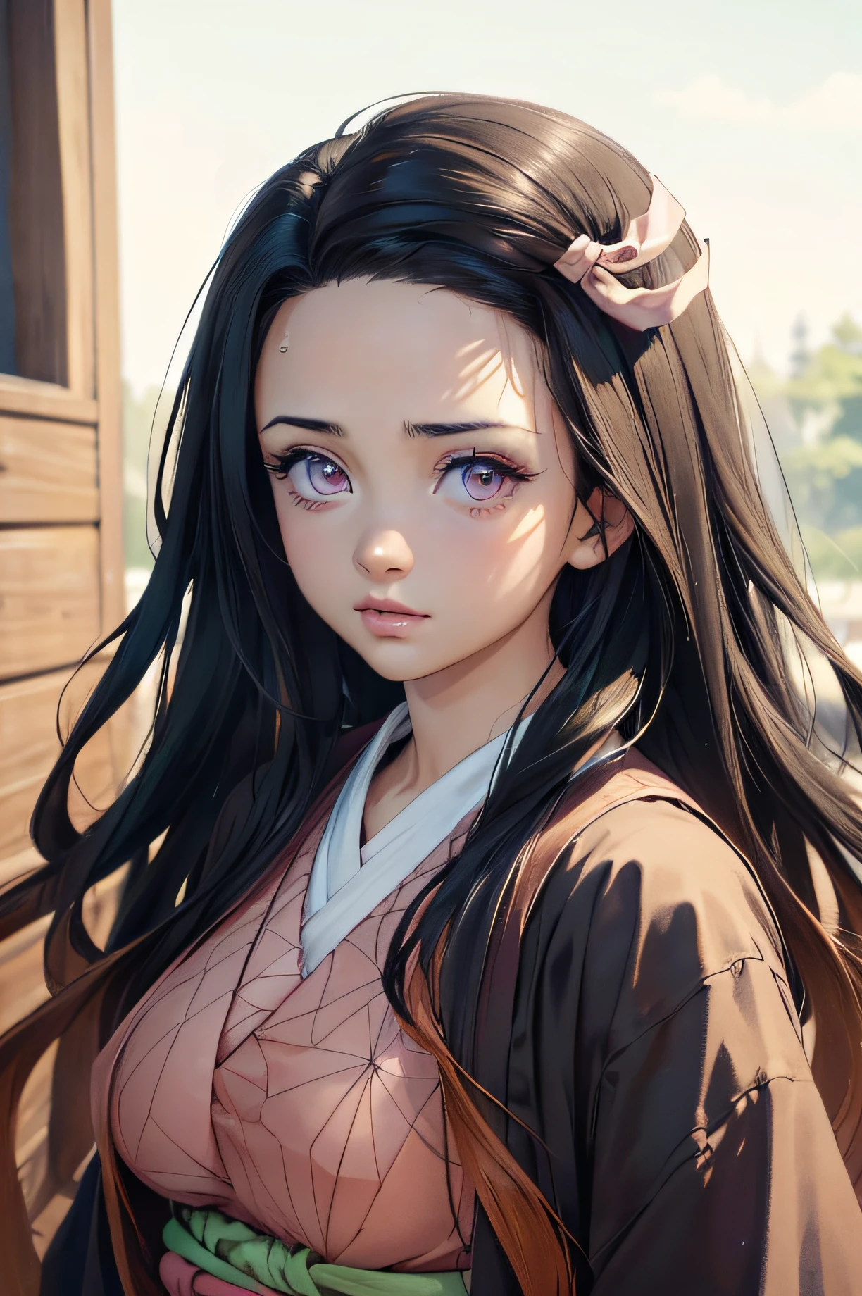 (Ultra Real), (Illustration), (High Resolution), (8K), (Very Detailed), (Best Illustration), (Beautiful Detailed Eyes), (Best Quality), (Ultra Detailed), (Masterpiece), (Wallpaper), (Detailed Face), Night Up Upper Body, Ice Cream,Long Hair,Solo,Simple Kimono Top Girl, Sweaty, Japan Person, Big Tits, (Camel Toe) Nezuko Kamado,