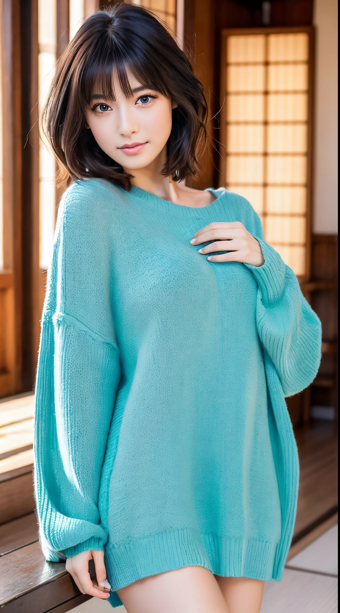 Best Quality, 8k, 32k, Masterpiece,Attractive Japan Woman Pictures, One Girl, (full body : 1.0), Abs, Perfect Body, (oversized tunic sweater : 1.1), (boots:1.1), Ultra Detailed Face, Detailed Lips, Fine Eyes, Double Eyelids,short hair,Disheveled Hair,erotic pose