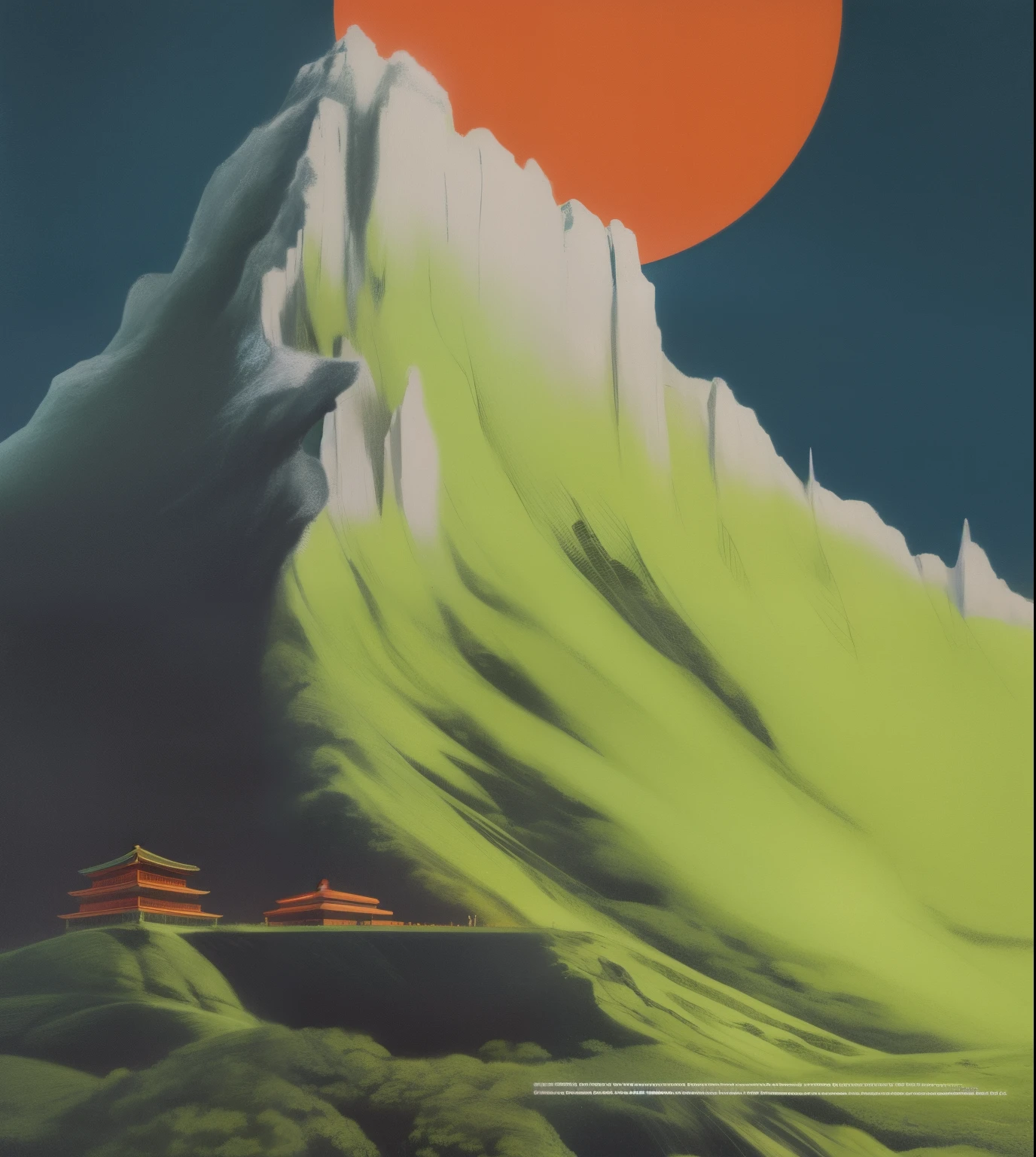 The background is a mountain,There is a red sun on the top of the mountain,The lines are very obvious,The mountain is very impressive,Japanese-style poster,,granulated,matte painting