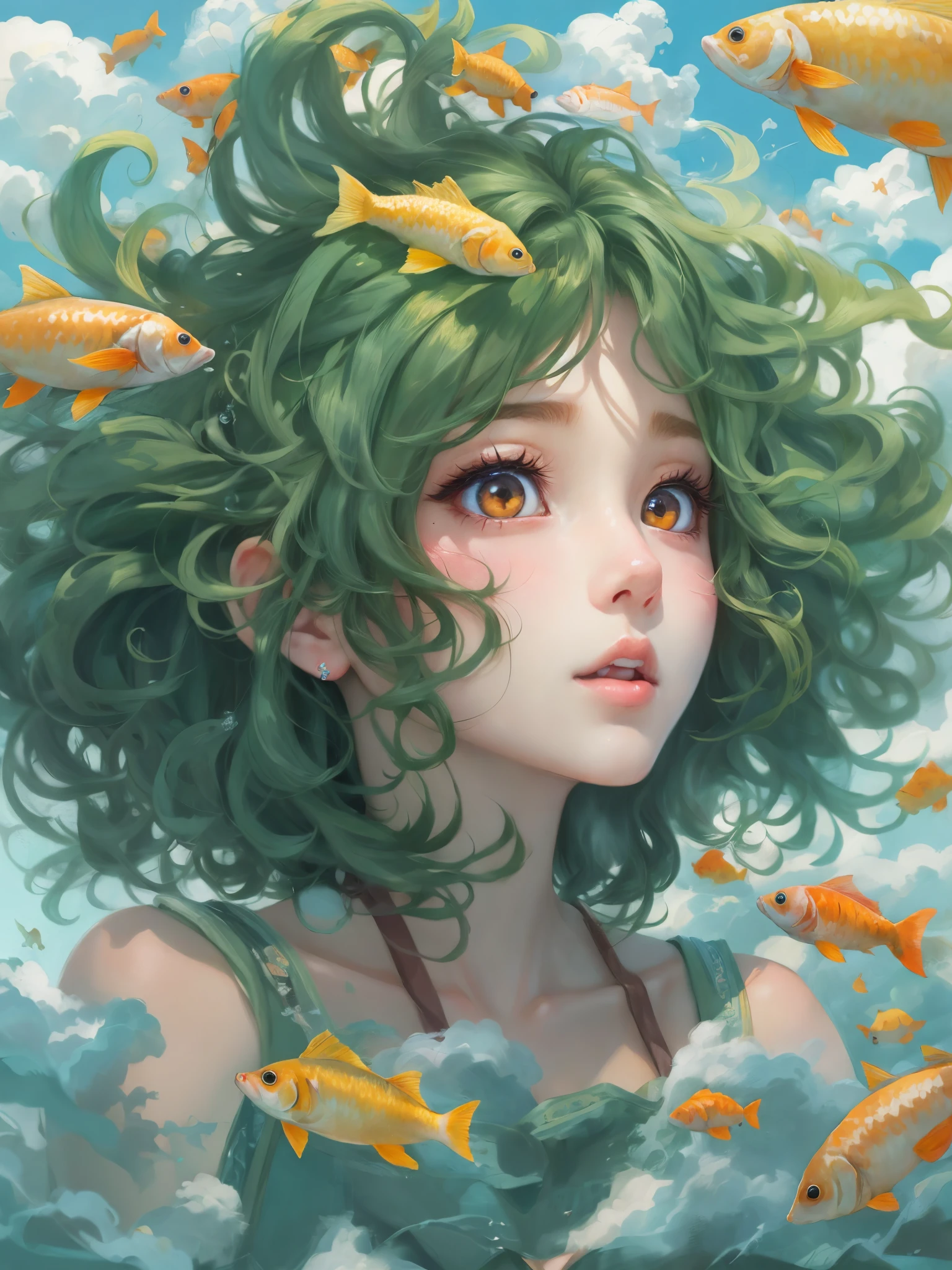 Girl in the Clouds。messy  hair。Many fish surround her，detailed digital anime art, Cute and detailed digital art, Guviz style artwork, beautiful portraits, A beautiful artistic illustration