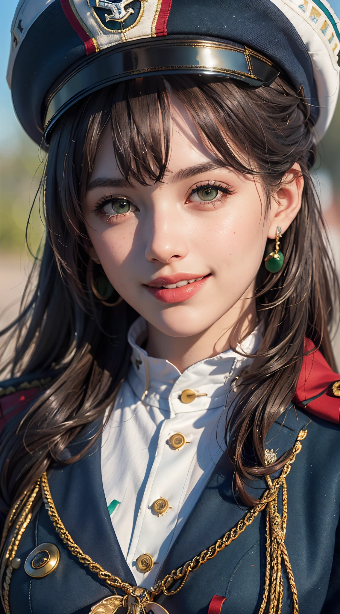 (best quality, 4k, 8k, high-res, masterpiece:1.2), ultra-detailed, (realistic, photorealistic, photo-realistic:1.37), (beautiful detailed eyes, beautiful detailed lips, extremely detailed eyes and face), studio lighting, physically-based rendering, vivid colors, (tricolor color, green & white & red), (naval uniform coat, naval uniform hat:1.5), rank insignia, earrings, (big tits), (portrait, smile and laugh, shiny hair, shiny skin), (blurred background:1.37), (tilt your head to the side, :1.5),