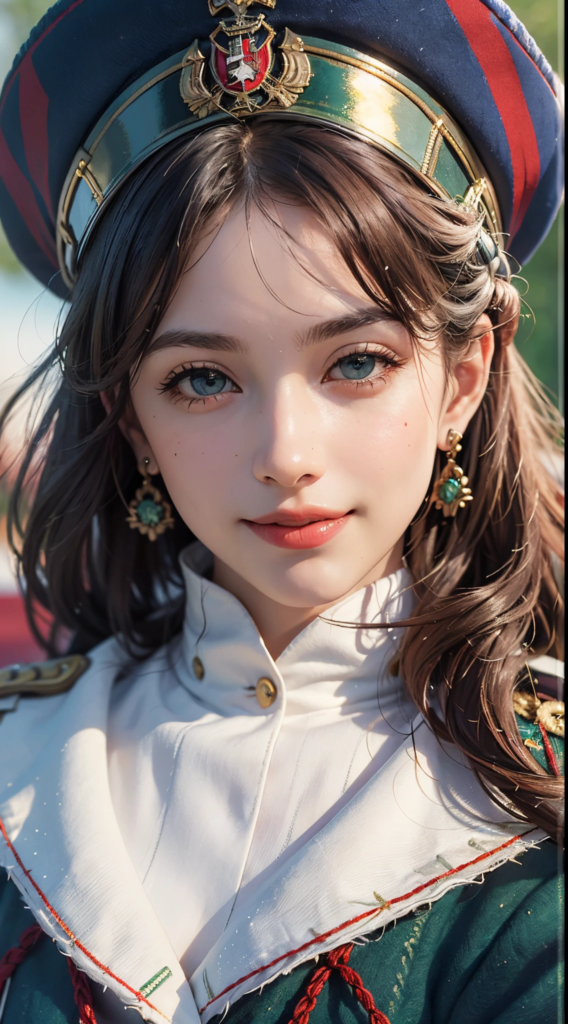 (best quality, 4k, 8k, high-res, masterpiece:1.2), ultra-detailed, (realistic, photorealistic, photo-realistic:1.37), (beautiful detailed eyes, beautiful detailed lips, extremely detailed eyes and face), studio lighting, physically-based rendering, vivid colors, (tricolor color, green & white & red), (naval uniform coat, naval uniform hat:1.5), rank insignia, earrings, (big tits), (portrait, smile and laugh, shiny hair, shiny skin), (blurred background:1.37), (tilt your head to the side, :1.5),