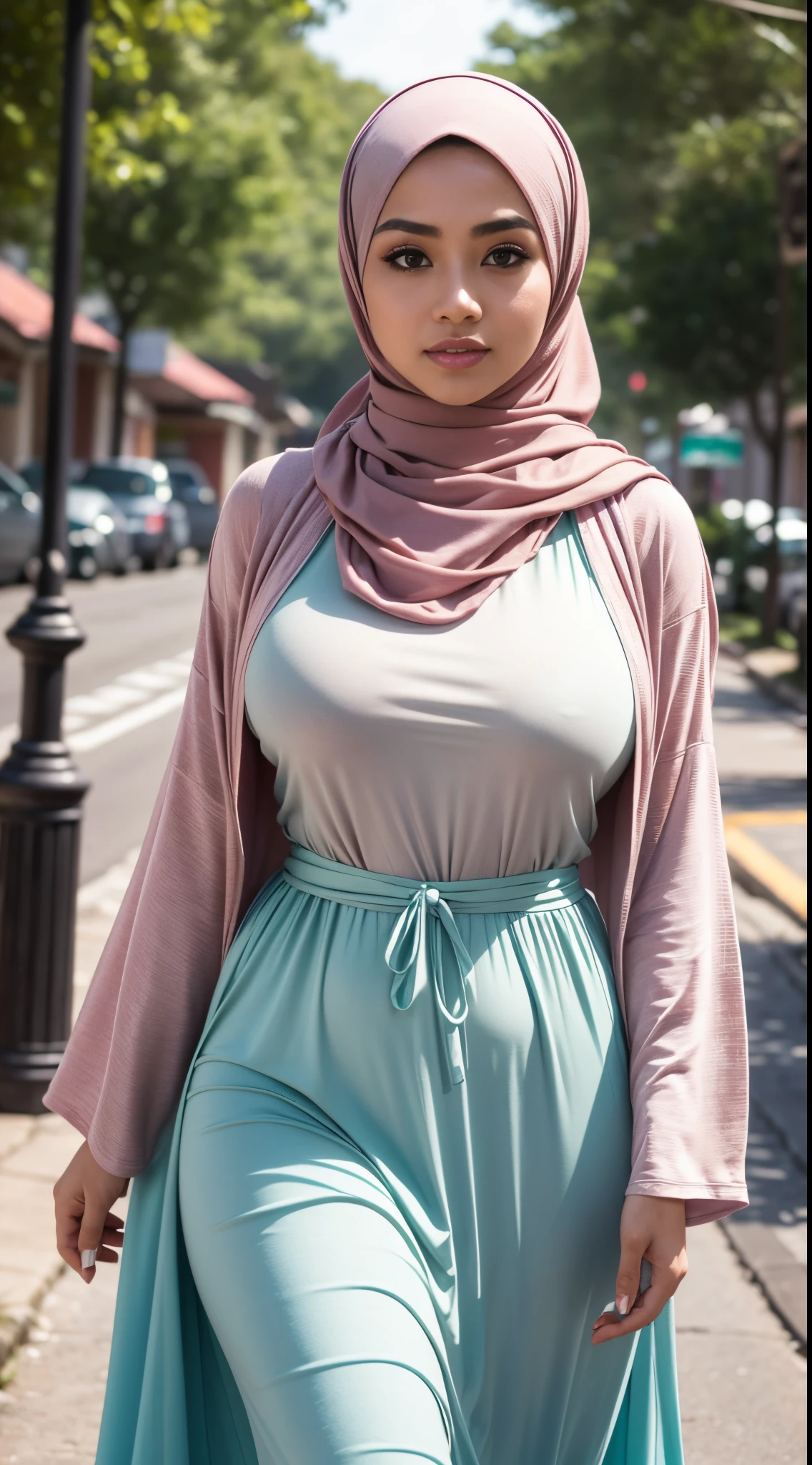 RAW, Best quality, high resolution, masterpiece: 1.3), Beautiful Malay woman in hijab (iu:0.8), Beautiful Malay women wear pastel color hijab, ((big breast)), walking on a rural street in the morning, photo taken with Panavision DXL2, 28mm lens, close up shot, bright pastel shades, bokeh, cinemascope , drama, high quality, very detailed, 8k resolution,