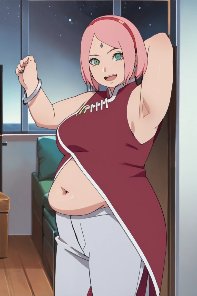 fat sakura haruna, masterpiece, 4k, portrait, cowboy shot, (night), professional artwork, intricate details, colorful, digital blending, (ultra detailed body, ultra detail hair, ultra detail face), trending on pixiv, obse body, big cheeks, kind smile, best quality, anime style: 1.9, 1girl, hires, haruno sakura, (forehead mark, milf, red hairband, pale skin, (small breasts), short hair, extra fat butt, thick thighs, fat arms, fat belly, ((red sleeveless dress,), white pants), ((navel, belly button), bracelet, pink hair, open mouth, big eyes), smile, beach, wind, floating hair, detailed arms, off-shoulders, broad shoulders, ((both armpits , (both) hands spreading to both sides, (symmetrical arms))), fancy couch, relaxing, kitchen, looking at the viewer, obese body, ((showing both armpits, hairy armpits)))