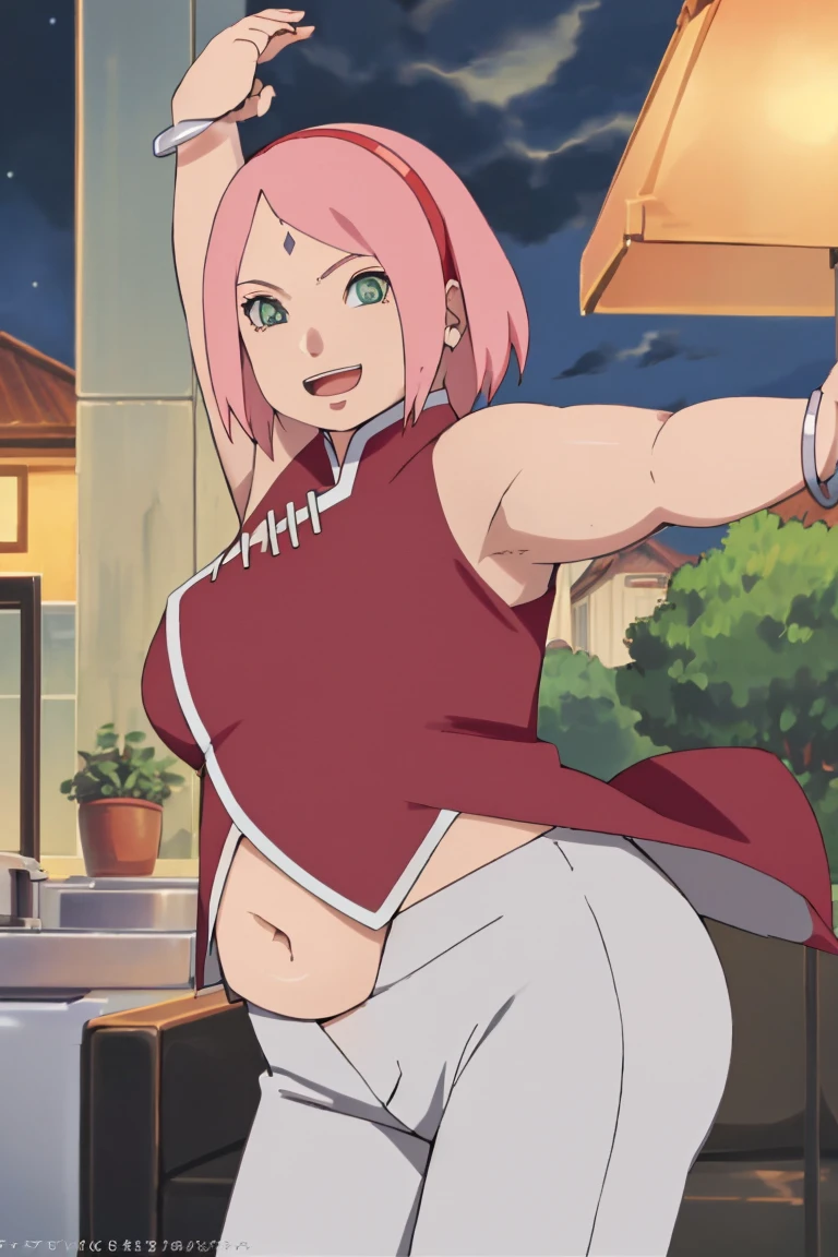 fat sakura haruna, masterpiece, 4k, portrait, cowboy shot, (night), professional artwork, intricate details, colorful, digital blending, (ultra detailed body, ultra detail hair, ultra detail face), trending on pixiv, obse body, big cheeks, kind smile, best quality, anime style: 1.9, 1girl, hires, haruno sakura, (forehead mark, milf, red hairband, pale skin, (small breasts), short hair, extra fat butt, thick thighs, fat arms, fat belly, ((red sleeveless dress,), white pants), ((navel, belly button), bracelet, pink hair, open mouth, big eyes), smile, beach, wind, floating hair, detailed arms, off-shoulders, broad shoulders, ((both armpits , (both) hands spreading to both sides, (symmetrical arms))), fancy couch, relaxing, kitchen, looking at the viewer, obese body, ((showing both armpits, hairy armpits)))