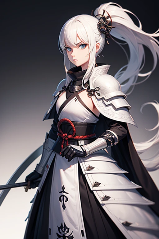 White armor　black long sword　samurais　femele　old fashioned background