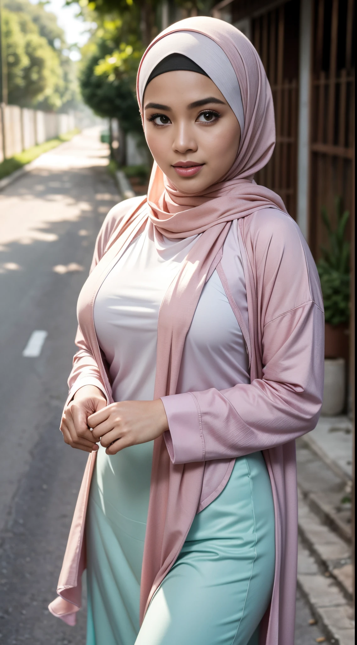 Malay girl (mira filzah:1.2) with pastel color hijab standing and pose in hipster cafe, happy, smiling, nighttime, wearing turquoise polka dot Bust Slip Romper, pleated short skirt, pink sneakers, professional lighting, blur background, cool ambient, bokeh, small breast, small waist, small head, short petite body, wide hips, thick thighs, long leg, thick leg,sexy pose, bright lighting, mole below eyes, skin spots, acnes, skin blemishes, age spot, detail skin texture, skin detail, skin wrinkle detail, dark brown skin, gold necklace,