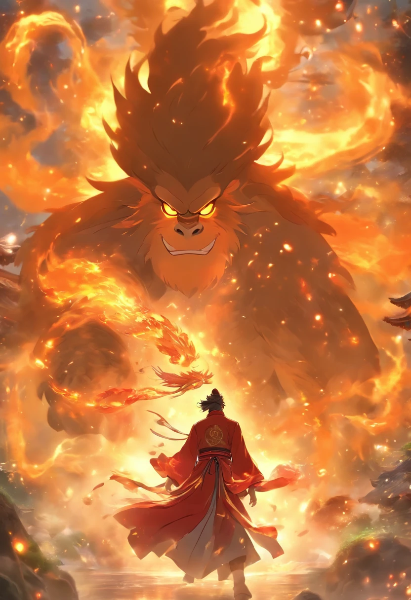 (tmasterpiece), (Best quality), Cinematic quality,Rendered by Octane,Ultra-detailed details,1 boy,Cool action,Wearing ancient Chinese Hanfu,(Ancient Chinese Formation:1.2),energy surround,voldemort,light particle fluid,Fairy air fluttering,Luminous magic circle,Summon ancient beasts,Great Ape,