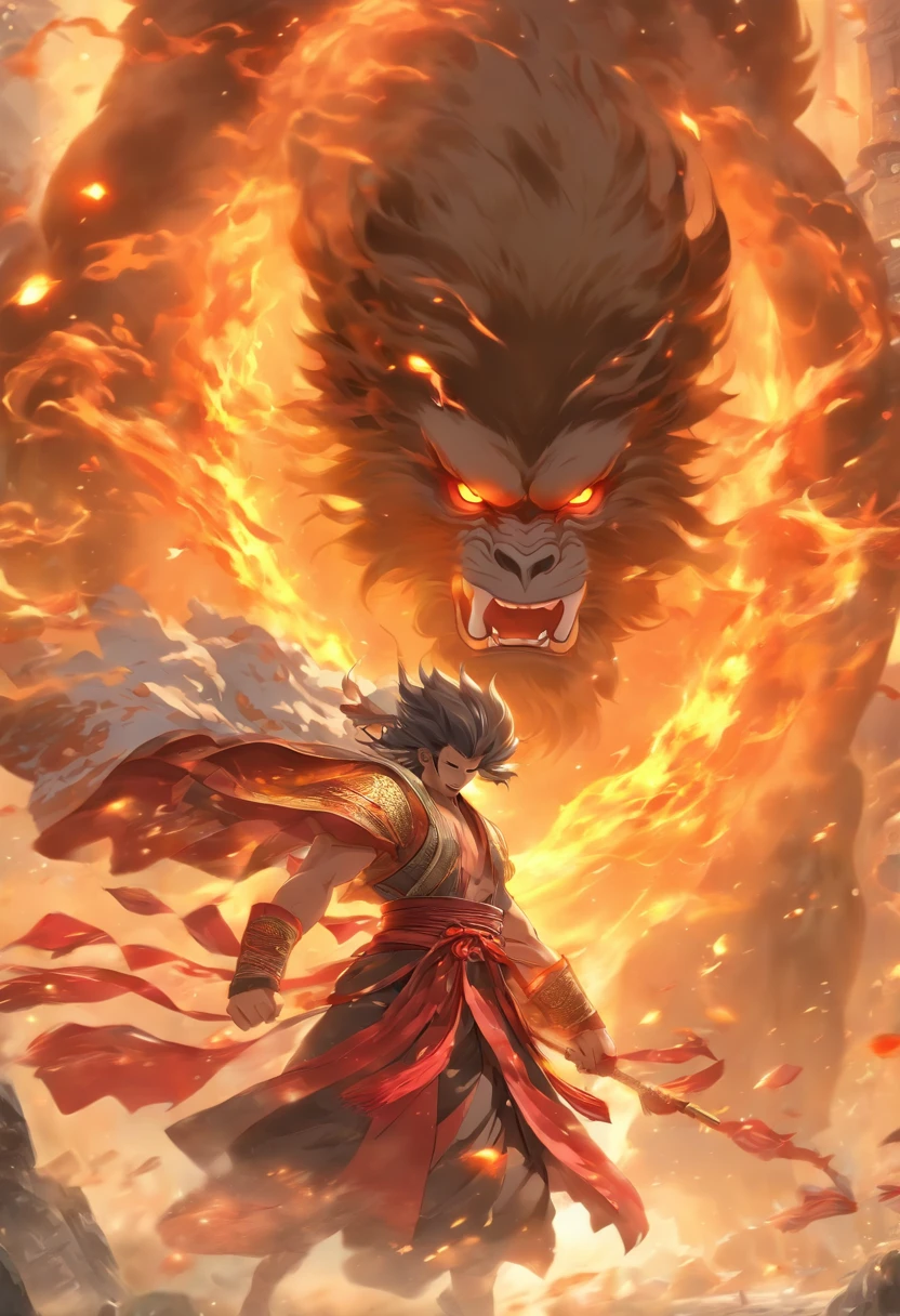 (tmasterpiece), (Best quality), Cinematic quality,Rendered by Octane,Ultra-detailed details,1 boy,Cool action,Wearing ancient Chinese Hanfu,(Ancient Chinese Formation:1.2),energy surround,voldemort,light particle fluid,Fairy air fluttering,Luminous magic circle,Summon ancient beasts,Great Ape,