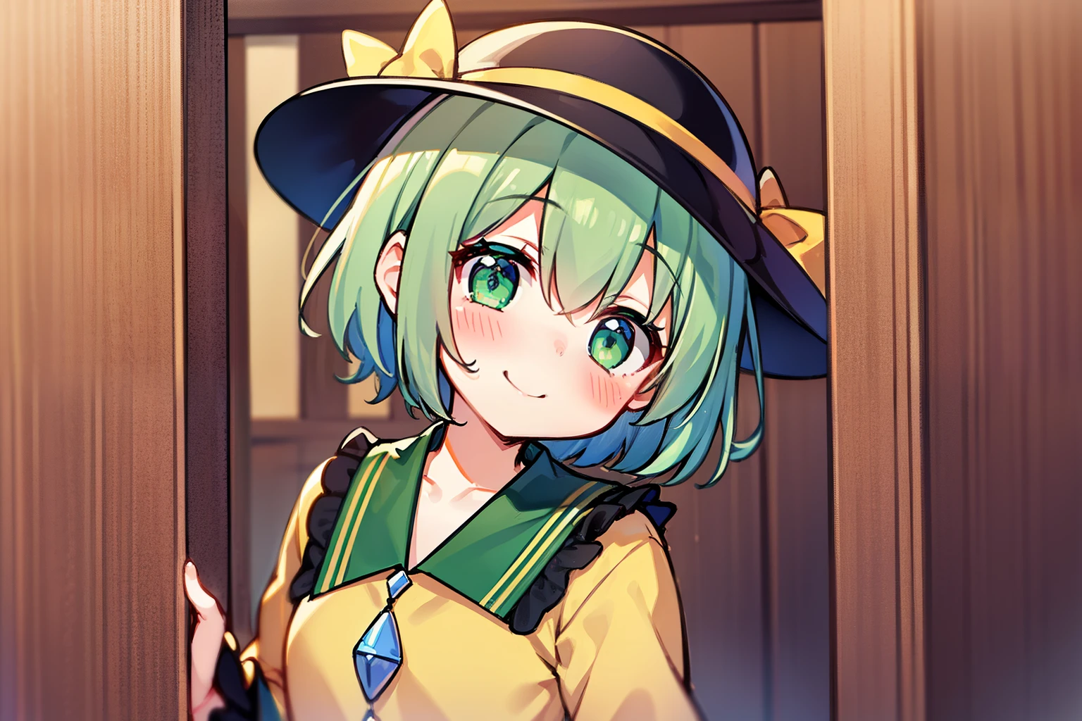 1girl in, 美丽的面容、komeiji koishi, Petite, blushed face、A smile、Glowing green eyes、long-sleeve、symple background、short-hair