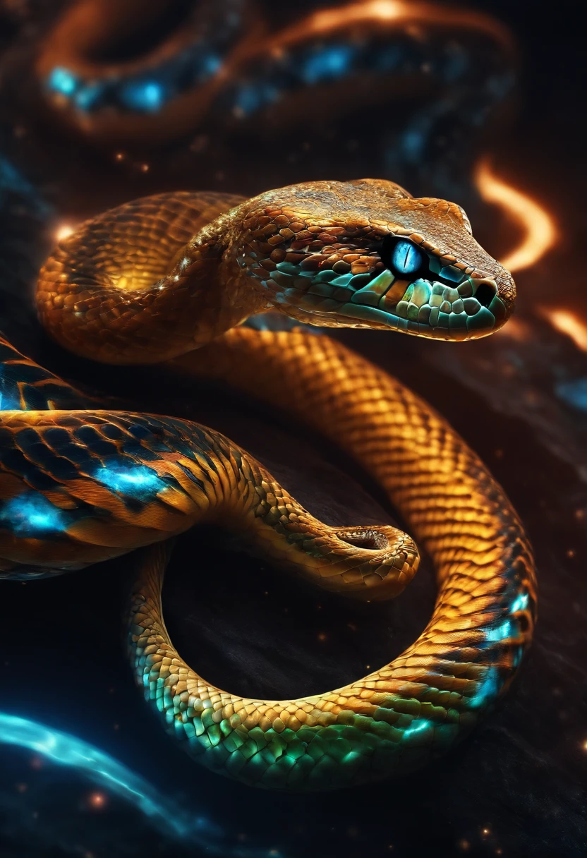 Cosmic Serpent , Snake is the teacher,glowing light eyes, Biomechanicals, ugh nightmare, The colors are very vivid, Light particles, Glowing light, Mshiv, wallpaper art, ultra HD wallpaper