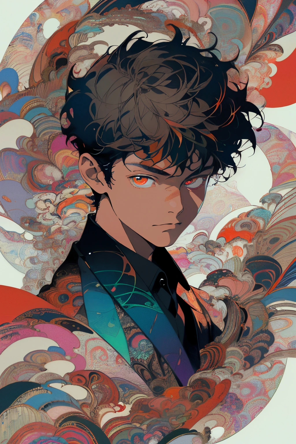 Realistic, (Masterpiece, Top Quality, Best Quality, Official Art, Beauty and Aesthetics: 1.2), Very Detailed, Fractal Art, Colorful, Most Detailed, Zentangle, (Abstract Background: 1.5) (1boy: 1.3), God, Short Hair, (Glowing Red Eyes), Mysterious, (Magic), Handsome Man, Bamboo Forest, Butterfly