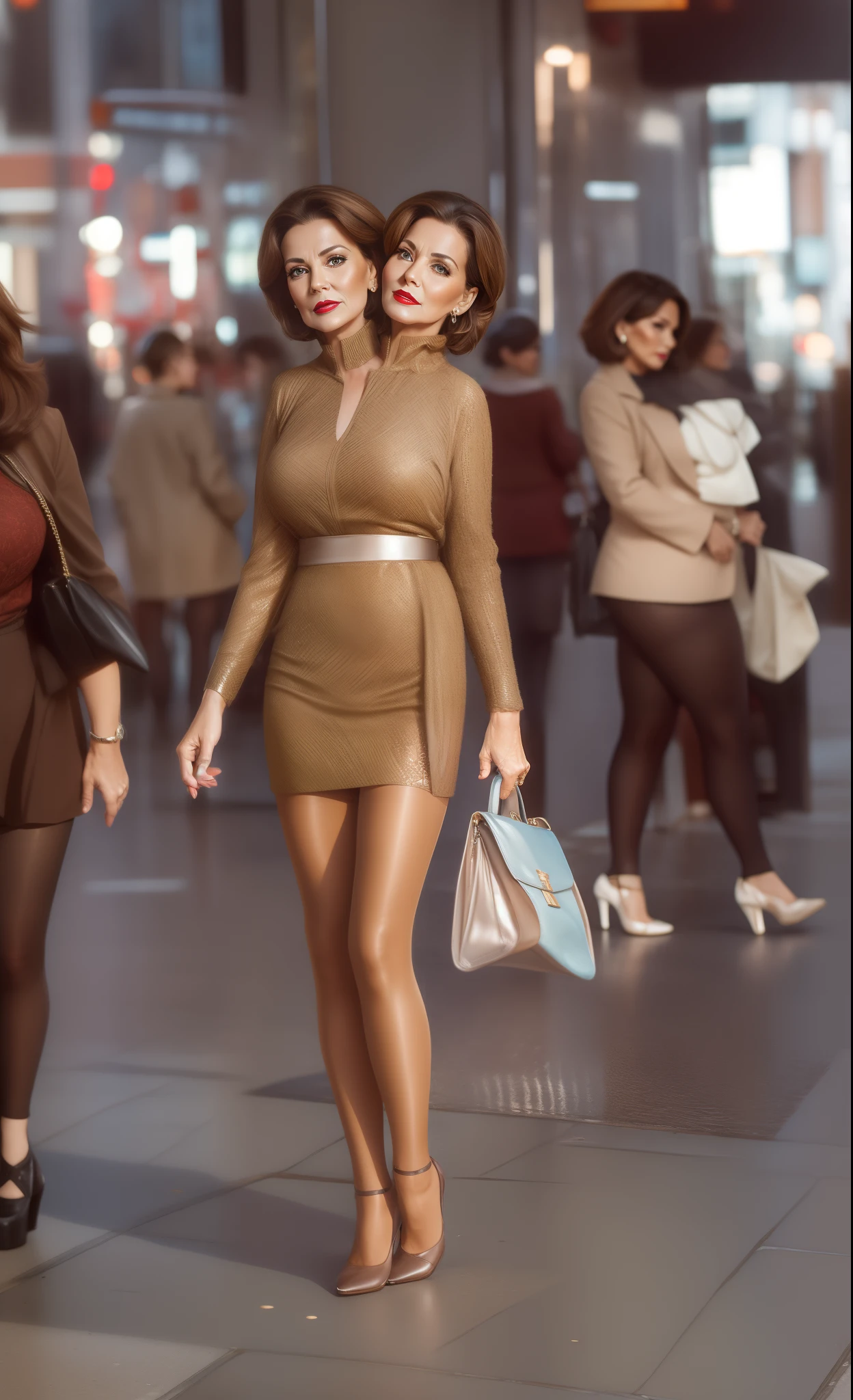 2 heads,Portrait of a 60-year-old woman with short brown hair, a captivating gaze, Brown eyes, Wrinkles on her face, Black pantyhose,high heels boots,Revealing her large sagging breasts, Light makeup and red lips. 32K