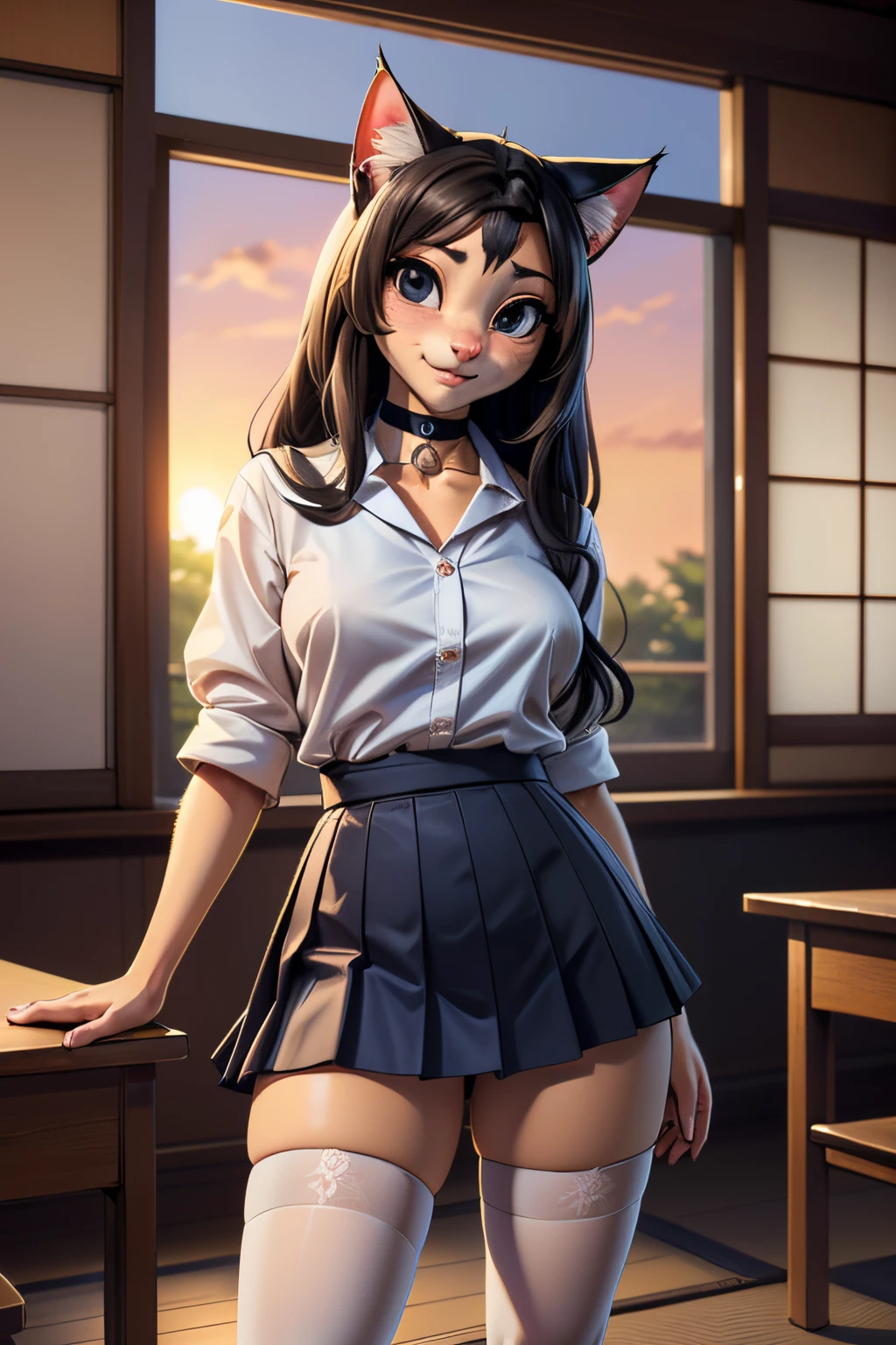 ((ultra quality)), ((tmasterpiece)), Girl-khajiit, Japanese school girl, anthro cat, furry, ((Black long hair)), ((there are only cat ears)), ((There is a cat's long tail in the back)), Beautiful cute face, beautiful female lips, charming beauty, ((Kind expression on his face)), looks at the camera with his eyes slightly closed, ((Skin color: white)), ((there is cat hair on the body)), Body glare, ((detailed beautiful female eyes)), ((kblack eyes)), beautiful female hands, ((perfect female figure)), ideal female body shapes, Beautiful waist, big thighs, Beautiful butt, ((Subtle and beautiful)), standing seductively by the window ((Perspective from below)), ((Dressed in Japanese school uniform, dark blue skirt, dark blue knee socks, brown shoes, black choker around the neck), background: The Japanese School, Japanese School Class, beautiful sunset outside, ((Depth of field)), ((high quality clear image)), ((crisp details)), ((higly detailed)), Realistic, Professional Photo Session, ((Clear Focus)), ((cartoon)), the anime, NSFW