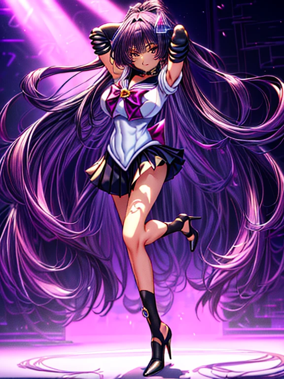 (8K, Best Quality, tmasterpiece:1.2),\(eye detailed\),\(Facial features\),(\(Detailed details of clothes\)\),(Colossal tits),full body Esbian, Sailor Moon Costumes,(Facial Focus) ,Very detailed CG Unity 8K wallpaper,hugefilesize,ultra - detailed,hight resolution,absurderes,beautidful eyes,Ray traching,Dramatic shadows,Up to detail,Dramatic angles,Hyper-detailing,(Solo),anime styled、(Very long straight hair:1.4)、Purple hair、Purple Absolute Short Mini Skirt、purple sailor collar、elbowgloves、(Crystal on background:1.2)、1girl in、独奏、high-heels、Rape Eye