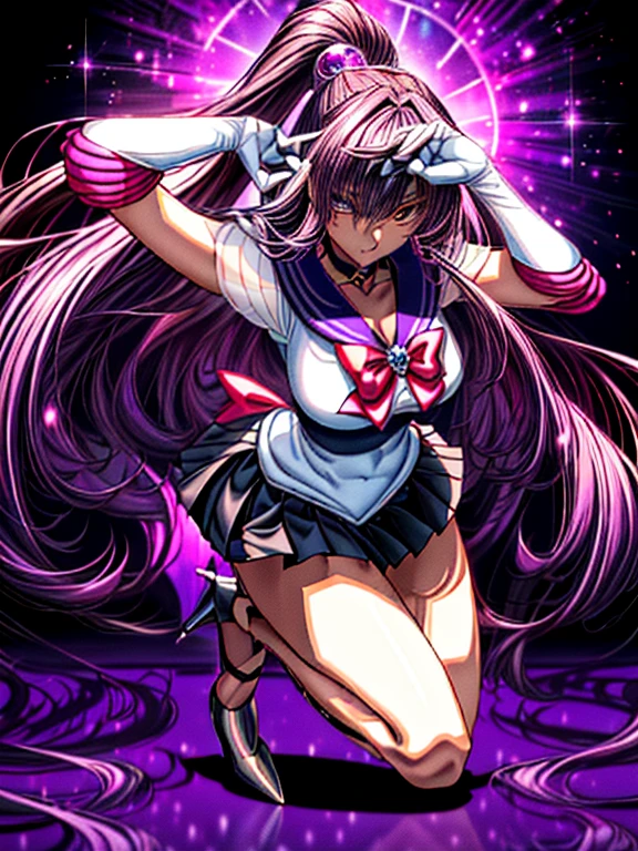 (8K, Best Quality, tmasterpiece:1.2),\(eye detailed\),\(Facial features\),(\(Detailed details of clothes\)\),(Colossal tits),full body Esbian, Sailor Moon Costumes,(Facial Focus) ,Very detailed CG Unity 8K wallpaper,hugefilesize,ultra - detailed,hight resolution,absurderes,beautidful eyes,Ray traching,Dramatic shadows,Up to detail,Dramatic angles,Hyper-detailing,(Solo),anime styled、(Very long straight hair:1.4)、Purple hair、Purple Absolute Short Mini Skirt、purple sailor collar、elbowgloves、(Crystal on background:1.2)、1girl in、独奏、high-heels、???? Eye