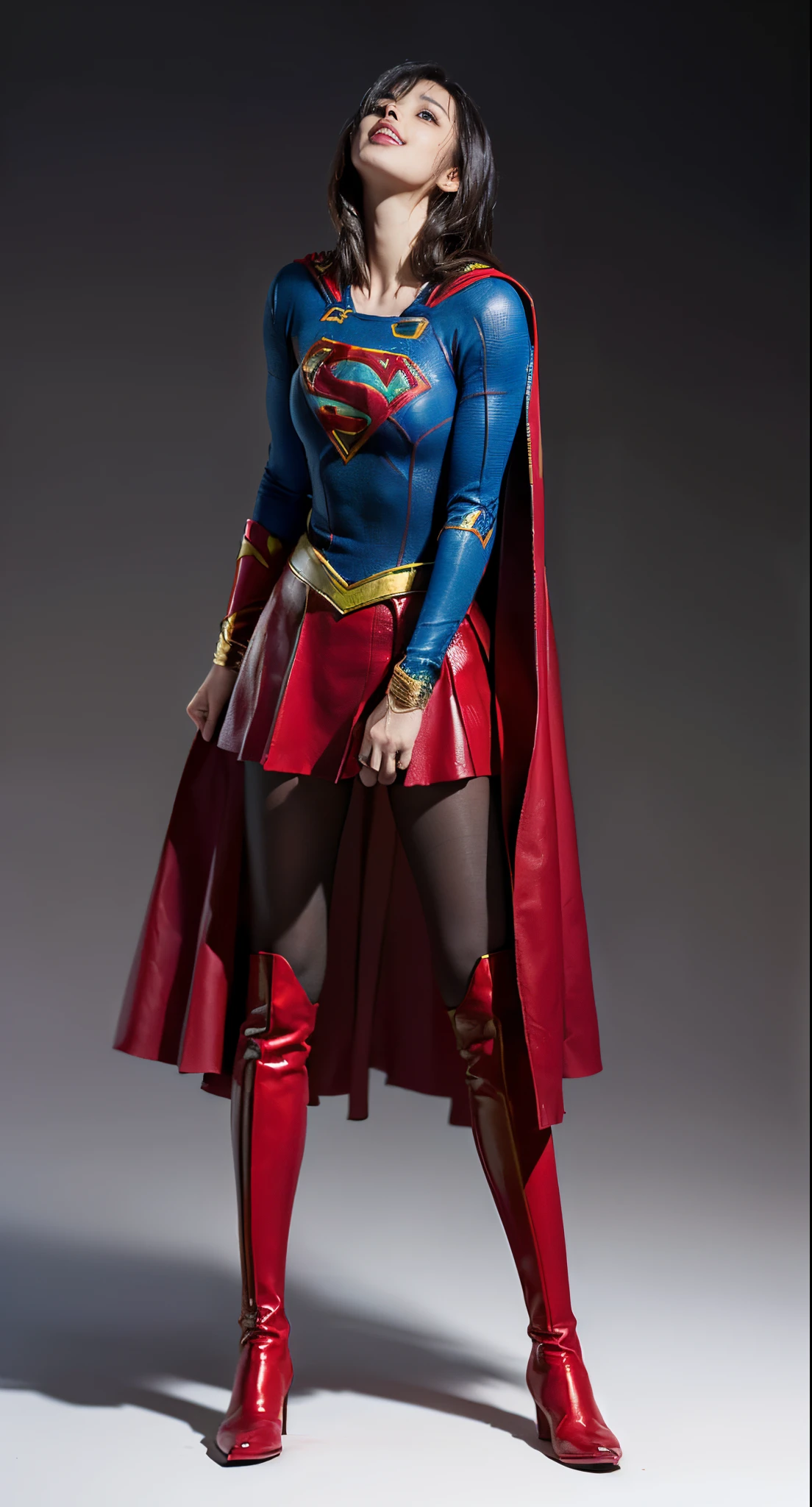 Hung、Suffering、Eyes closed、Asian Beautiful Girl、Painful look、(((Wear black tights on your beautiful legs.)))、(((beauty legs)))、(((facial expression of smile)))、((((Make the most of the original image)))、(((Supergirl Costume)))、(((a short bob、beautiful hairl)))、(((Suffering)))、(((Feet must necessarily be worn with black tights)))、(((You need to wear red boots)))、((Top image quality、8K))、((top-quality、8K、masterpiece:1.3))、(((Keep your background simple)))、Crisp focus:1.2、Beautiful woman with perfect body shape:1.4、Slender Abs:1.2、a wet body:1.5、Highly detailed facial and skin texture、8K、beauty legs
