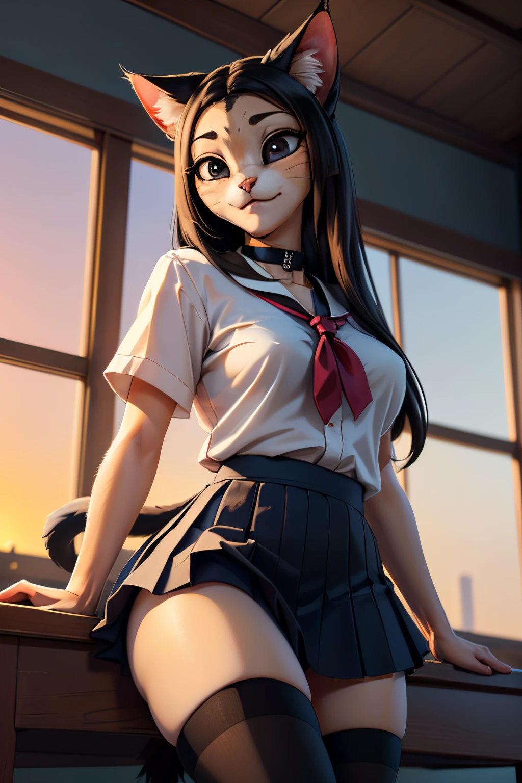 ((ultra quality)), ((tmasterpiece)), Girl-khajiit, Japanese school girl, anthro cat, furry, ((Black long hair)), ((there are only cat ears)), ((There is a cat's long tail in the back)), Beautiful cute face, beautiful female lips, charming beauty, ((Kind expression on his face)), looks at the camera with his eyes slightly closed, ((Skin color: white)), ((there is cat hair on the body)), Body glare, ((detailed beautiful female eyes)), ((kblack eyes)), beautiful female hands, ((perfect female figure)), ideal female body shapes, Beautiful waist, big thighs, Beautiful butt, ((Subtle and beautiful)), standing seductively by the window ((Perspective from below)), ((Dressed in Japanese school uniform, dark blue skirt, dark blue knee socks, brown shoes, black choker around the neck), background: The Japanese School, Japanese School Class, beautiful sunset outside, ((Depth of field)), ((high quality clear image)), ((crisp details)), ((higly detailed)), Realistic, Professional Photo Session, ((Clear Focus)), ((cartoon)), the anime, NSFW