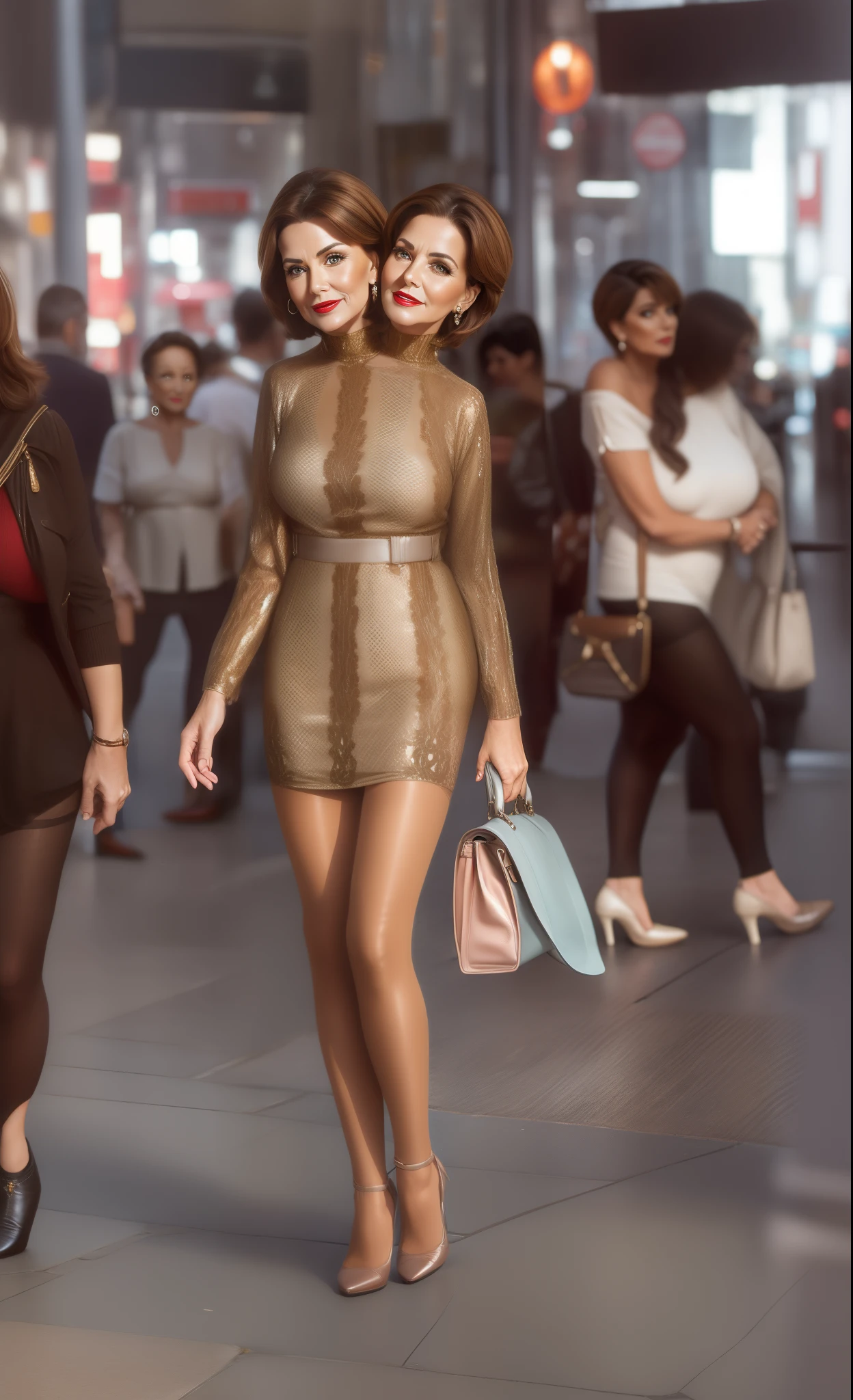 2 heads,Photo of a 50-year-old woman with brown hair, captivating gaze, brown eyes, Wrinkles on her face, black pantyhose,Black High Heel Boots,She wears very sexy lingerie underwear、、Revealing her large sagging breasts, Light makeup and red lips. 32K