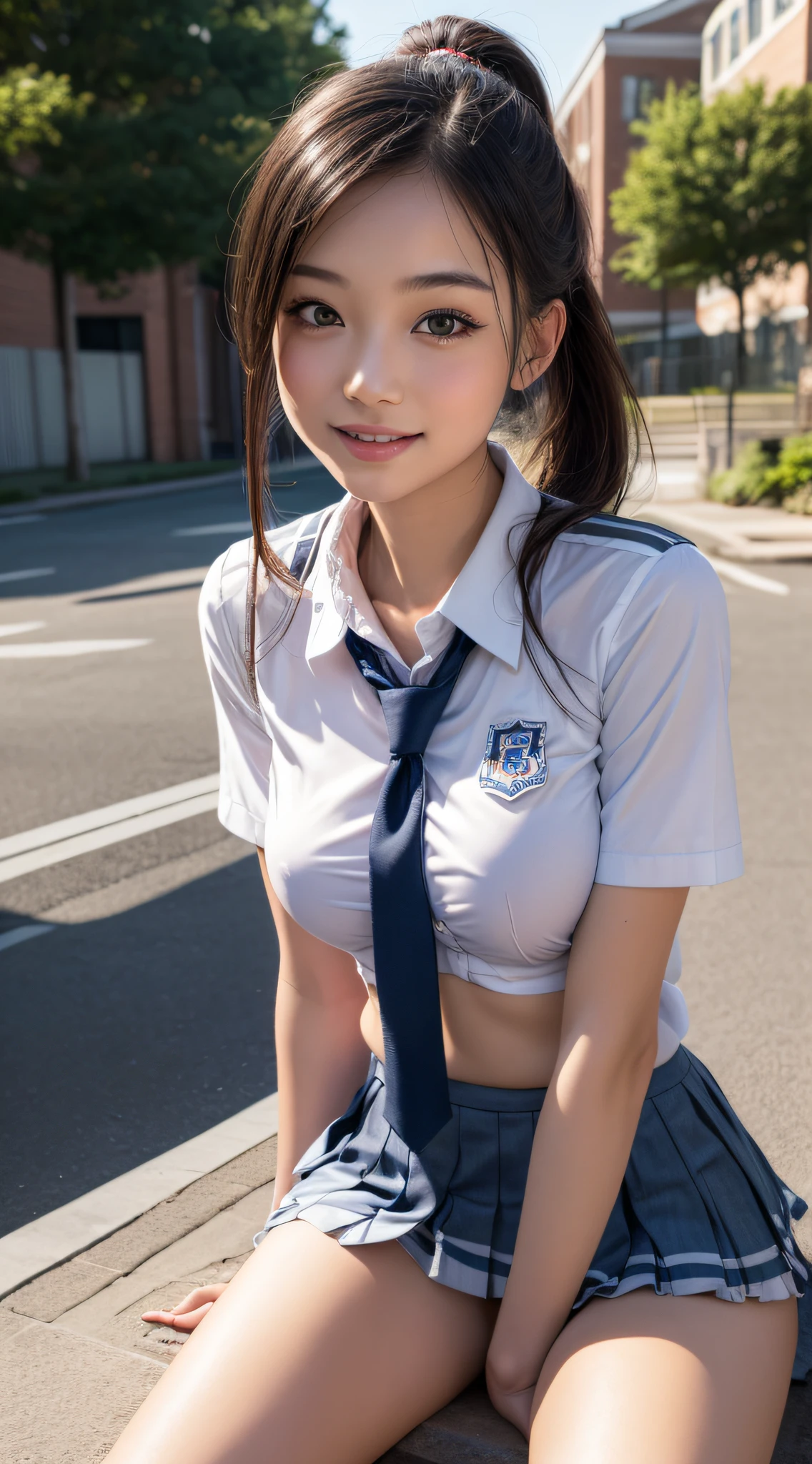 ponytail, 1girl, extremely cute face, Amazing face and eyes, (highly detailed eyes, highly detailed face), (hyper-realistic, hight resolution), (best Quality:1.4), Raw photo, (Realistic, Photorealsitic:1.37), Professional Photography, Cinematic Light, (lace bra:1.25), (amazing breasts:0.8), (school uniform, pleated mini skirt:1.5), (school uniform with open breasts), Smile slightly, Sitting, spread your legs wide open, Staring at me, outdoor, city, skyscraper,