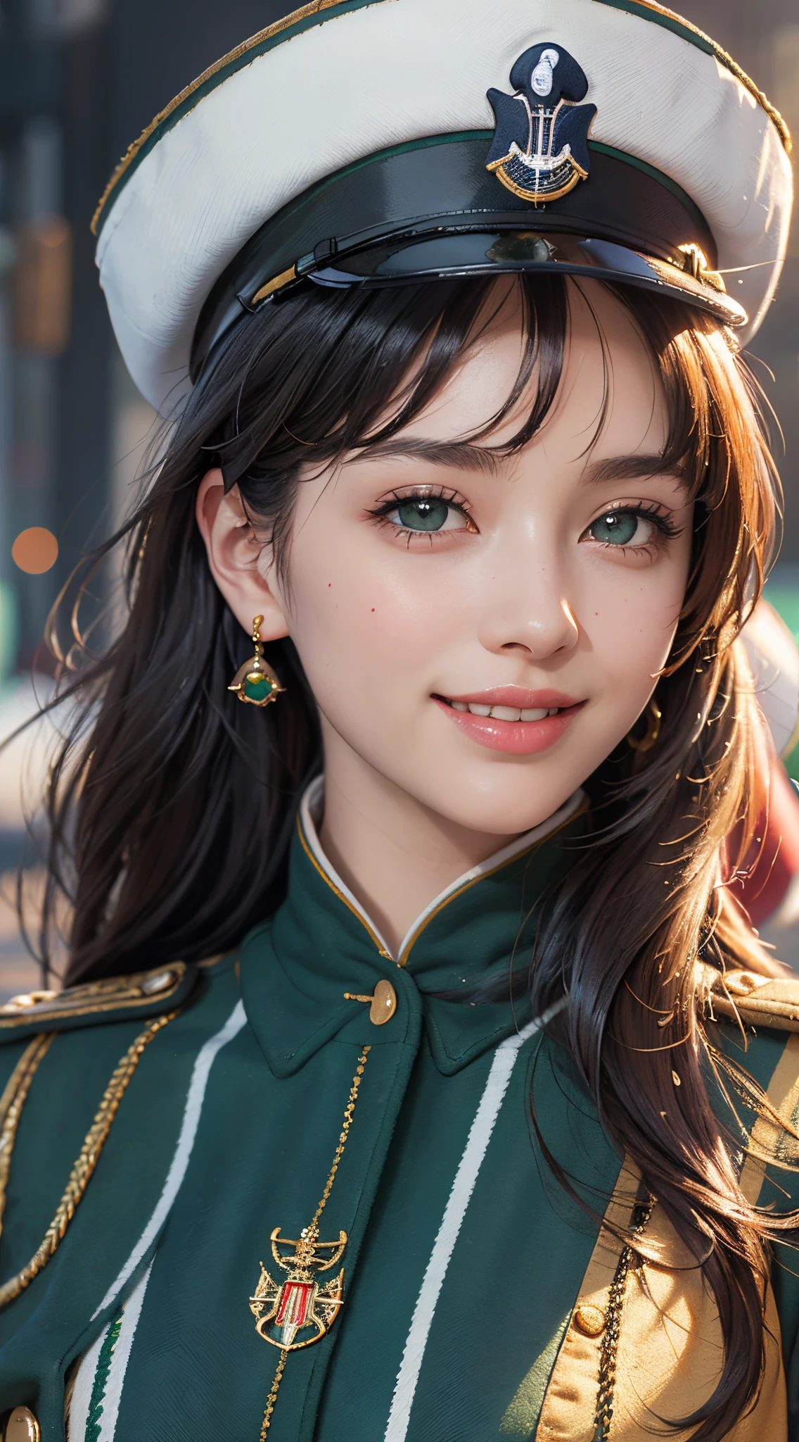 (best quality, 4k, 8k, high-res, masterpiece:1.2), ultra-detailed, (realistic, photorealistic, photo-realistic:1.37), (beautiful detailed eyes, beautiful detailed lips, extremely detailed eyes and face), studio lighting, physically-based rendering, vivid colors, (tricolor color, green & white & orange), (naval uniform coat, naval uniform hat:1.5), rank insignia, earrings, (big tits), (portrait, smile and laugh, shiny hair, shiny skin), (blurred background:1.37), (tilt your head to the side, :1.5),