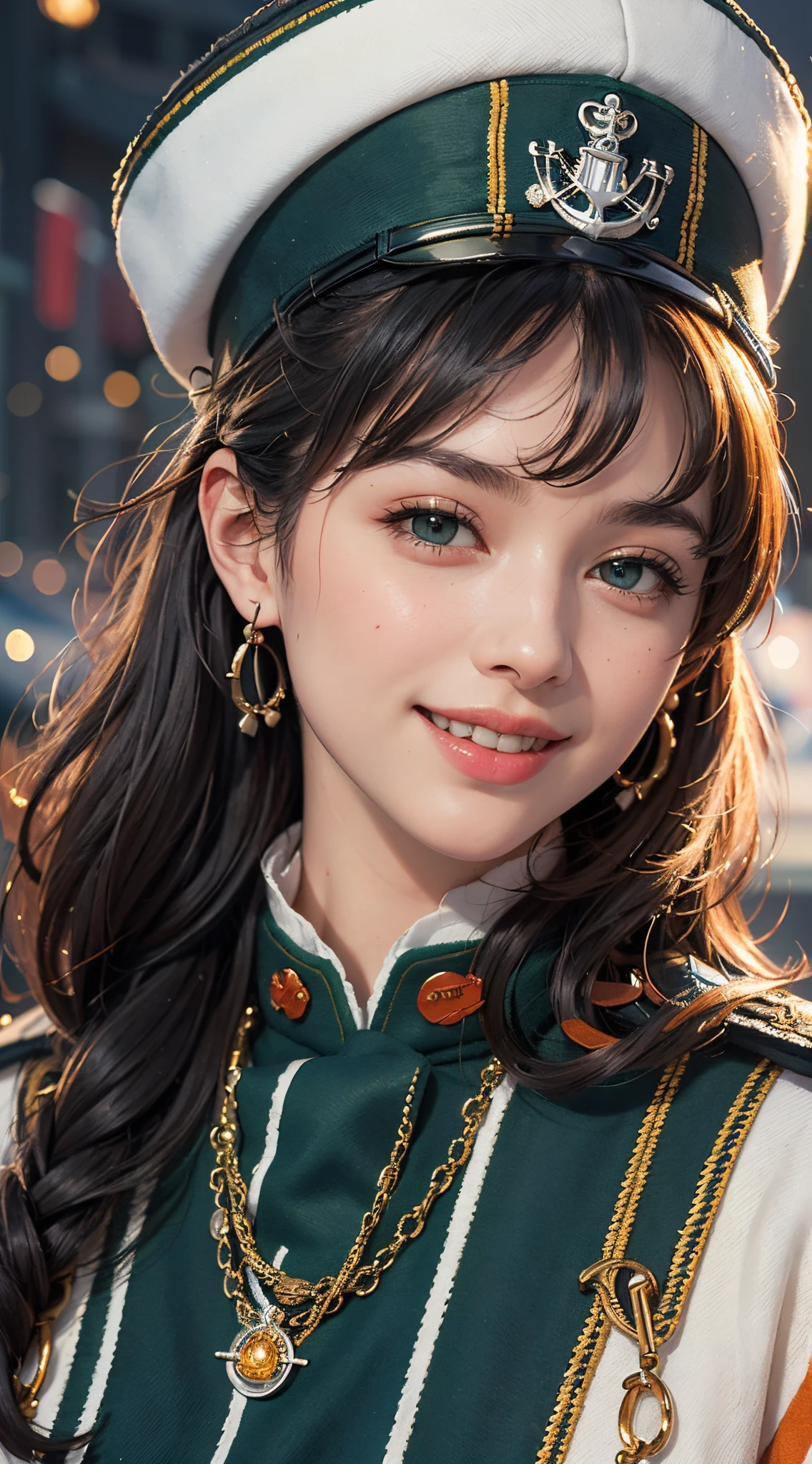 (best quality, 4k, 8k, high-res, masterpiece:1.2), ultra-detailed, (realistic, photorealistic, photo-realistic:1.37), (beautiful detailed eyes, beautiful detailed lips, extremely detailed eyes and face), studio lighting, physically-based rendering, vivid colors, (tricolor color, green & white & orange), (naval uniform coat, naval uniform hat:1.5), rank insignia, earrings, (big tits), (portrait, smile and laugh, shiny hair, shiny skin), (blurred background:1.37), (tilt your head to the side, :1.5),