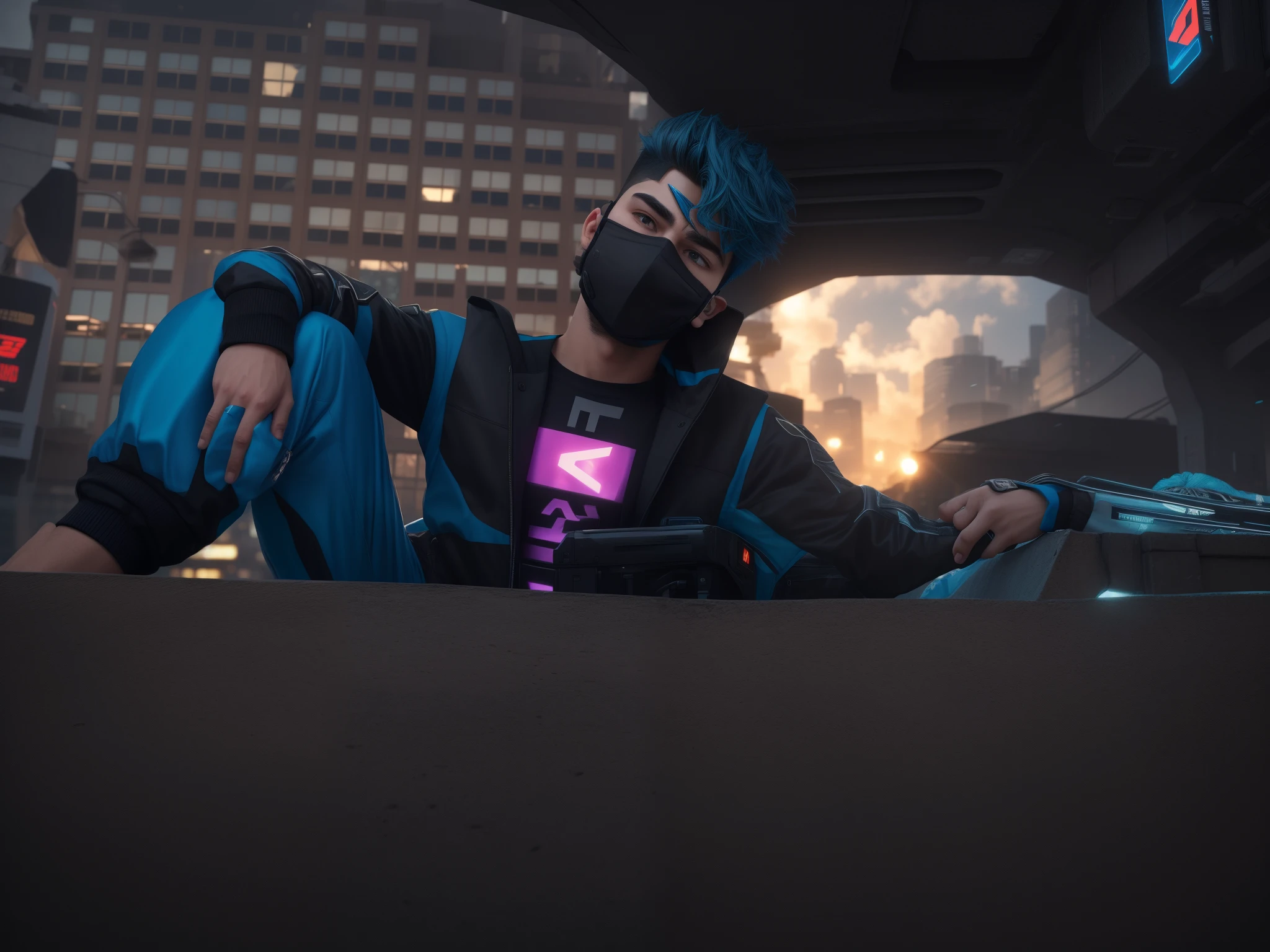 A handsome 18 years old boy with pump jacket and some bearded in his face, stylish hair, cyberpunk, ultra realistic, 8k, city in background, cute face, facemask,
