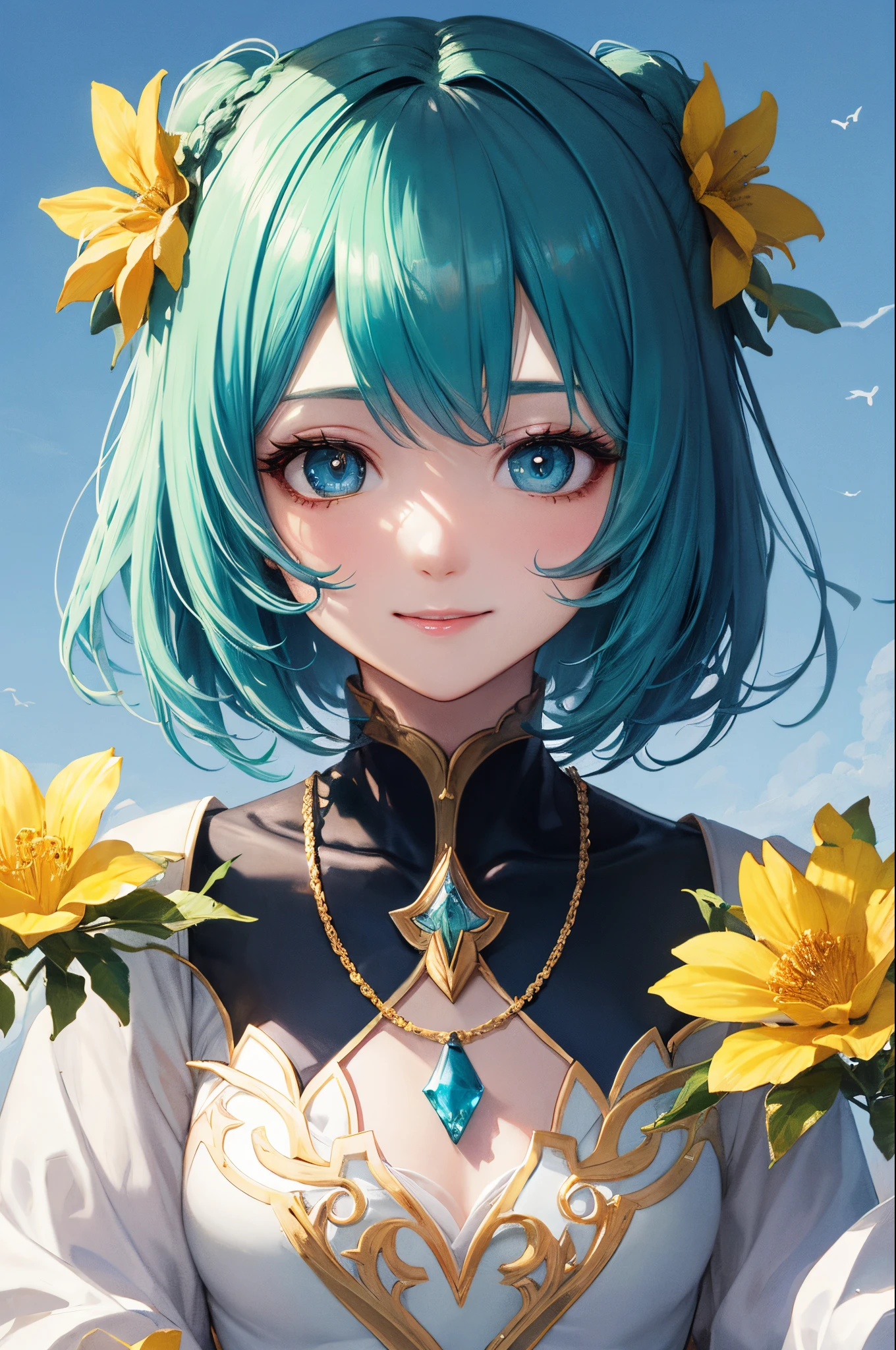ultra-detailliert、anime illustrated、2D Beautiful Girl、top-quality、Top image quality、masterpiece、超A high resolution、android beautiful girl、, Glowing white cyber suit,long blue hair、Iridescent eyes、(Colorful eyes)、(heterochromia iridis:1.5、green grass:reddish=1:1)、A slender、The face is depicted in detail、The eyes are very detailed、The clothes are also depicted in detail、hiquality、Beautiful Art、Fantastic Universe、Elaborate design、soio、kindly smile、yellow flower goddess、animesque、illustratio、Full body front