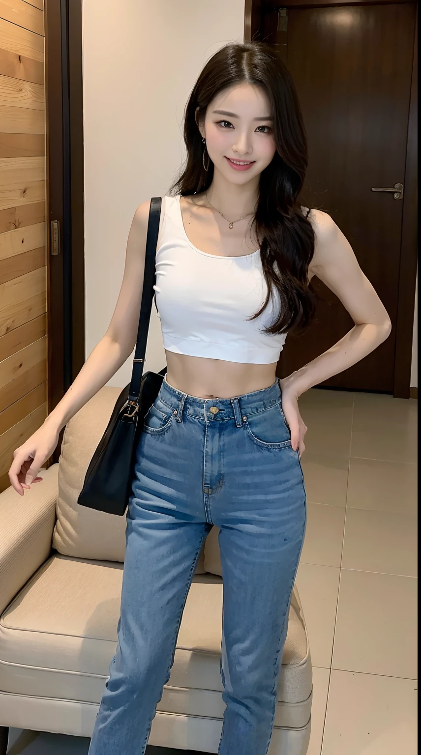 ((Best Picture Quality, 8K, tmasterpiece:1.3)), 1人の女性, Beautiful woman with slim abs:1.3,(casual hair), Straight pants,JK set:1.1, Ultra-fine face, A detailed eye, 二重まぶた,ssmile,Outskirts of the city,