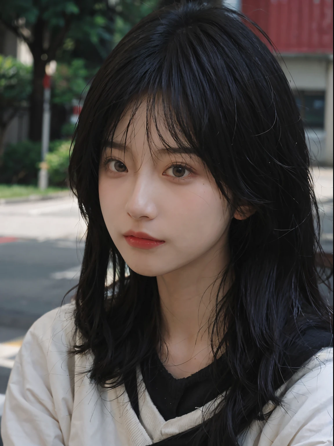 Best quality at best, 超高分辨率, (realistically:1.4), A woman with long black hair and a gray sweater, mid view, JK school uniform,under a ray of sunshine,She has black hair,through bangs, young lovely Korean faces, Cute Korean face, Urzans, Shin Jinying, beautiful aesthetic face, Korean facial features, Played by Liu Li Zhien ,beautiful realistic face