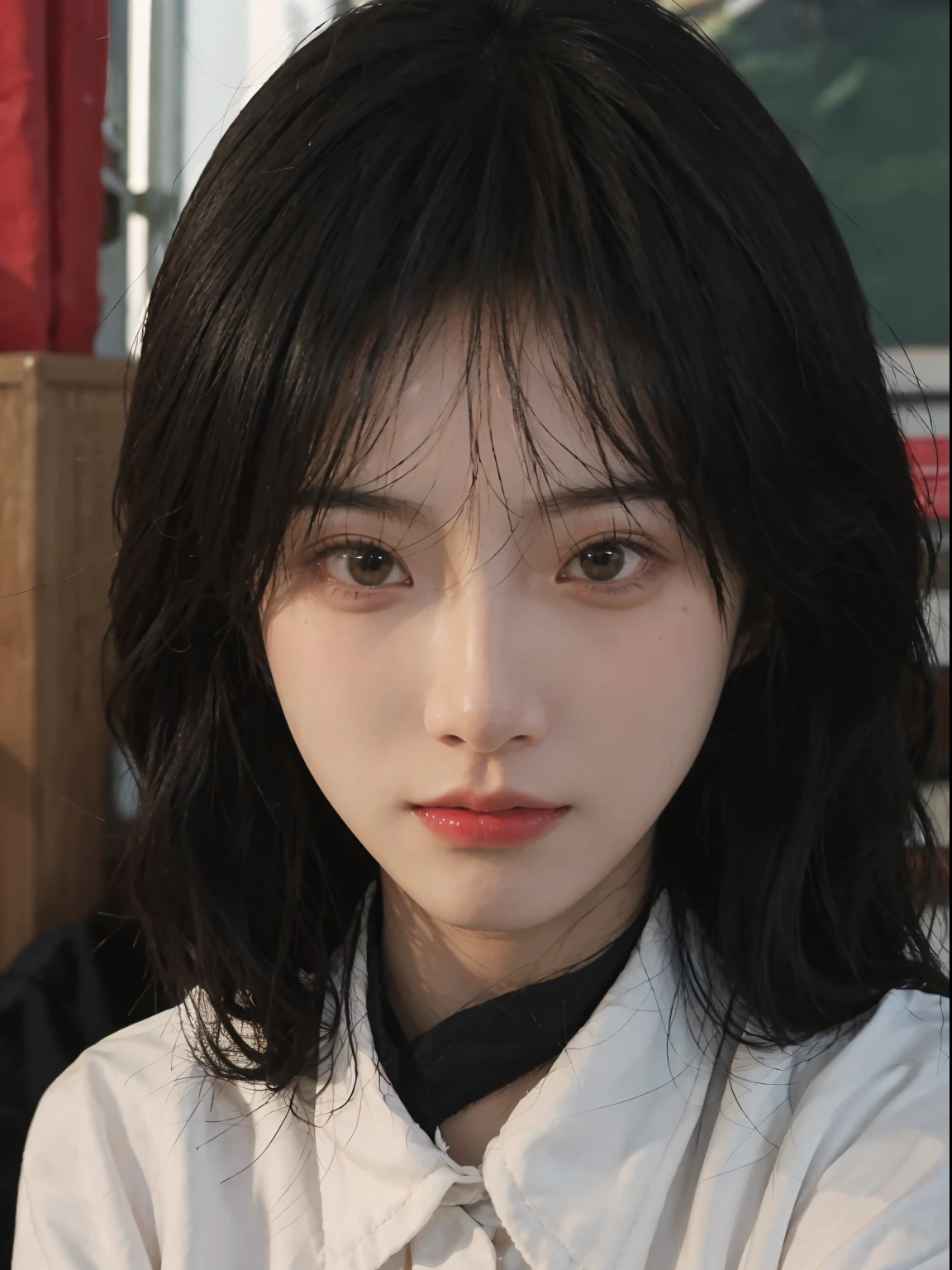 Best quality at best, 超高分辨率, (realistically:1.4), A woman with long black hair and a gray sweater, mid view, JK school uniform,under a ray of sunshine,She has black hair,through bangs, young lovely Korean faces, Cute Korean face, Urzans, Shin Jinying, beautiful aesthetic face, Korean facial features, Played by Liu Li Zhien ,beautiful realistic face