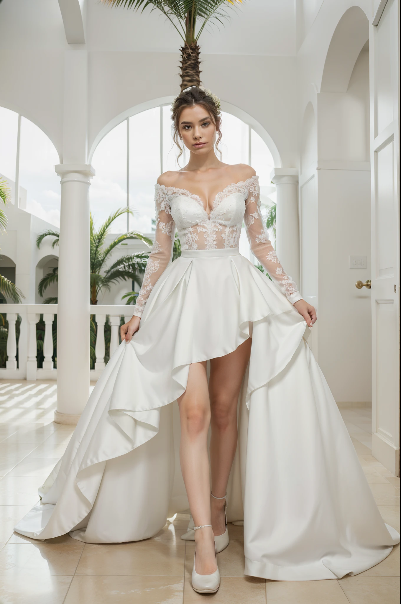 Top quality, Masterpiece, hyper HD, (Photorealistic: 1.4), RAW photo, 1girl，Fashion model，Wearing a white ballgown wedding dress，v-neck style, Lace material, full body, in white room with indoor decorative palm tree，Stand upright and look straight.