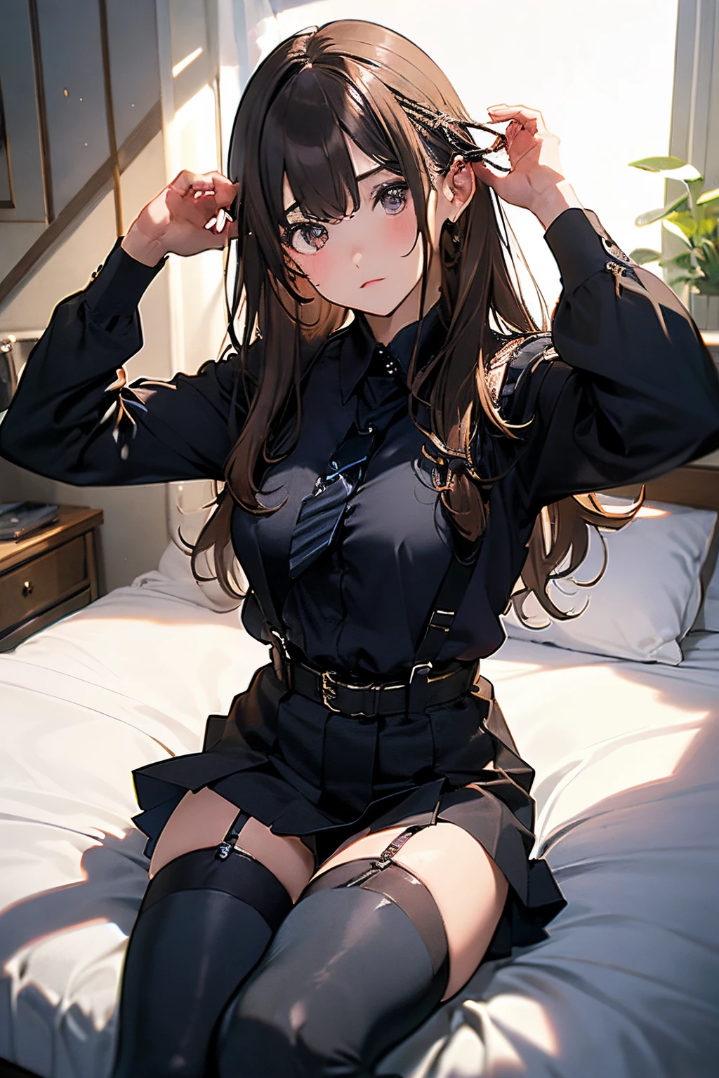 ​masterpiece、flat-colors、depth of fields、lens flare 1 girl、、Brown hair、watching at viewers　　　black suspenders　　　Bulging big breasts　　 　 　　　walls: 　Black miniskirt　garters　　　　　　Gaze　　　Small face　bangss 　　　holster　　Belt Armament　Beautuful Women　srestrained　hands up　Lying in bed　Leg holster lying on the bed