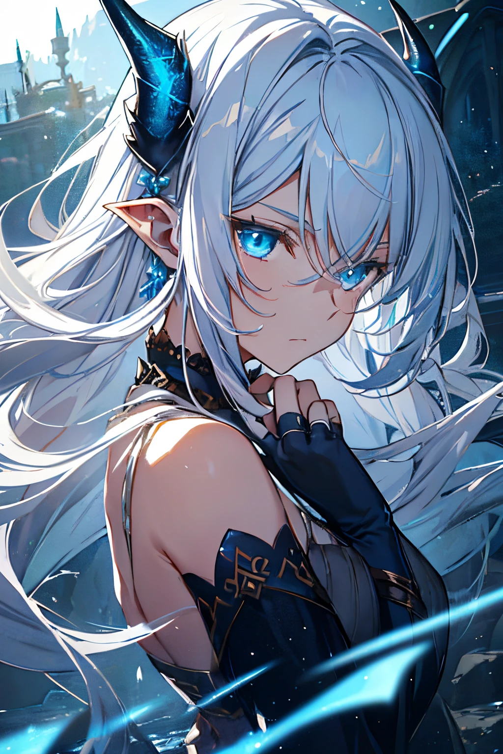 With white hair and Blue eyes,beautiful as a fairy,A melancholy expression that stirs affection,side face,floating hair,light particles,glare,vivid,fancy,dreamlike,a dim atomshpere, ((Dragon Girl)) ((Blue Horns)) ((Dark Fantasy)) ((Elden Ring))