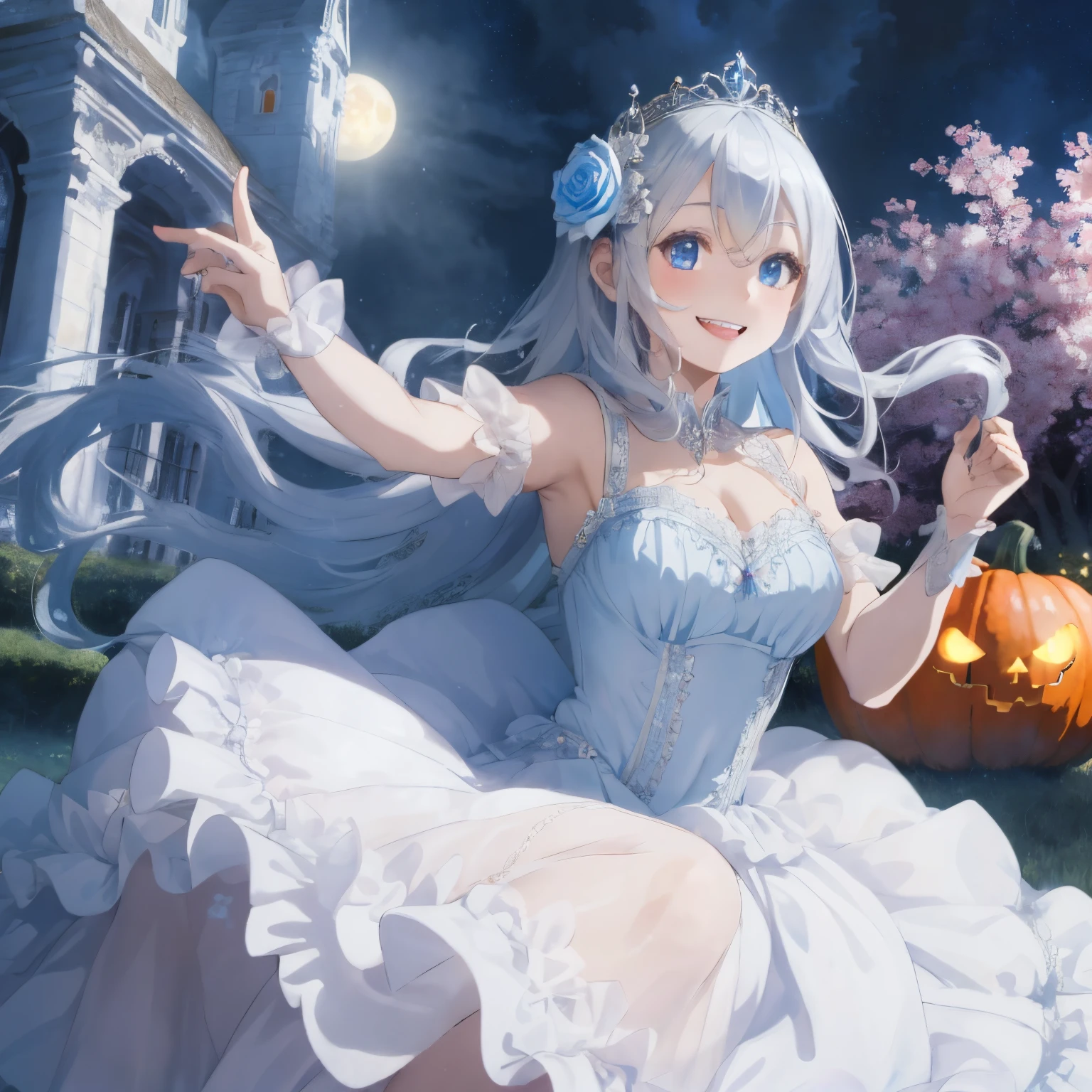 World of Fairyland,A world of dreams and wonderland,A sky filled with fantastic light,silver and blue mixed hair,carriage made of pumpkin,A pure white, shiny dress that sparkles in the moonlight.,A dress full of voluminous frills,Cinderella,Glass shoes,A rose flower shining in blue and silver,A white castle sparkling in the distance,Slight red tide,smiling gently,dancing while holding the hem of the dress,
