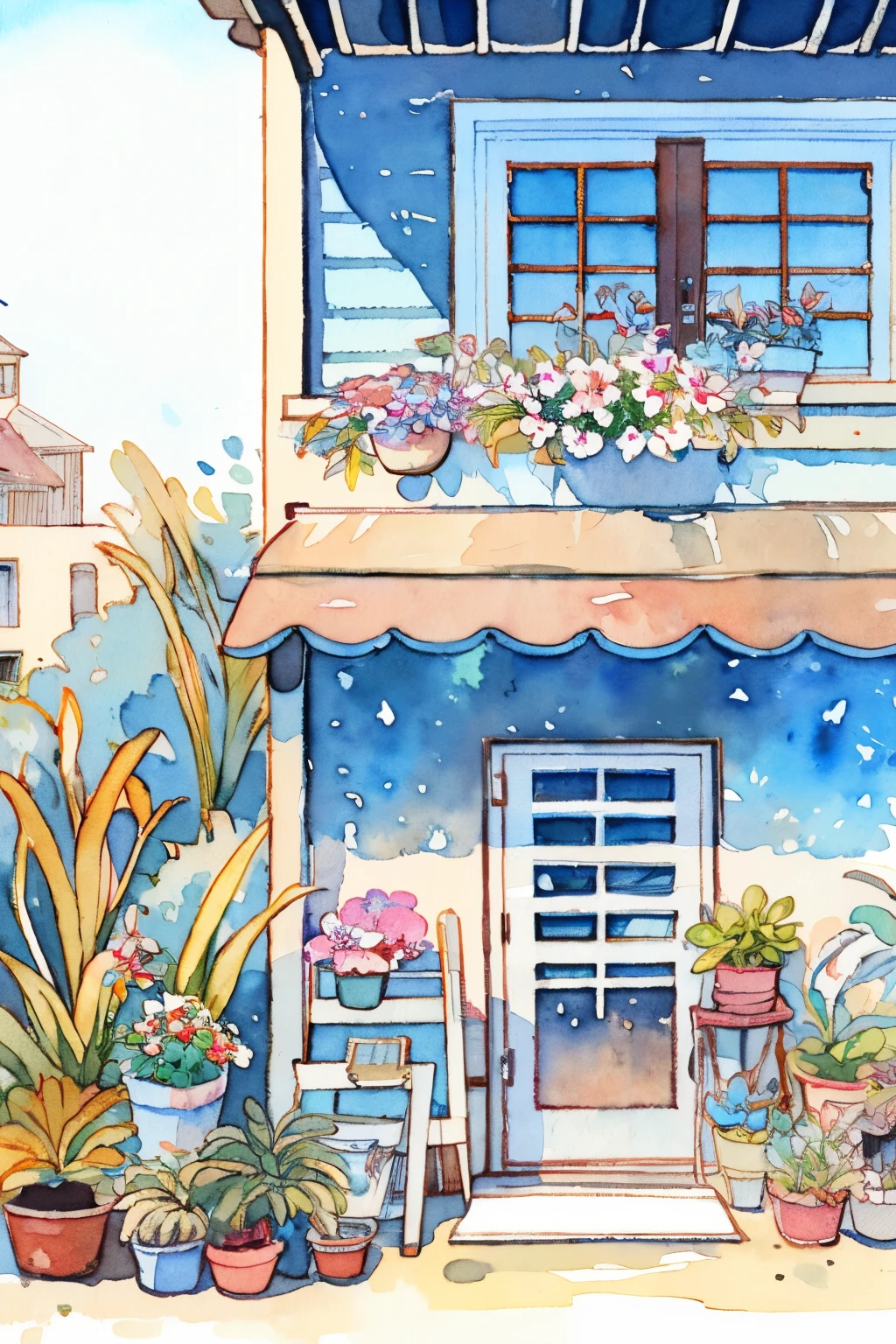 Flower store, coffee spot, tables, chairs, no one, windows, flowers, plants, potted plants, watercolor (medium), landscapes, doors, air conditioning, paintings (medium), traditional media, houses, outdoors, balconies, architecture,